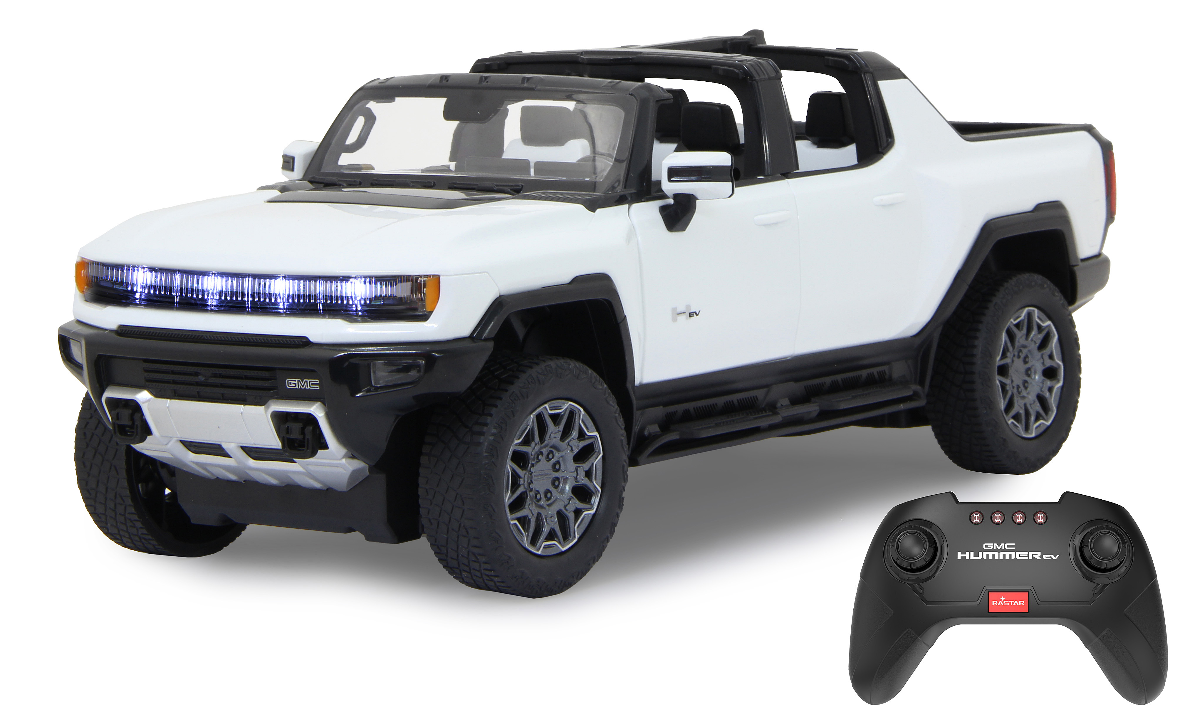 Weißer Hummer EV-Pickup mit Fernbedienung, der sein Design und seine Ausstattung vor einem weißen Hintergrund zeigt.