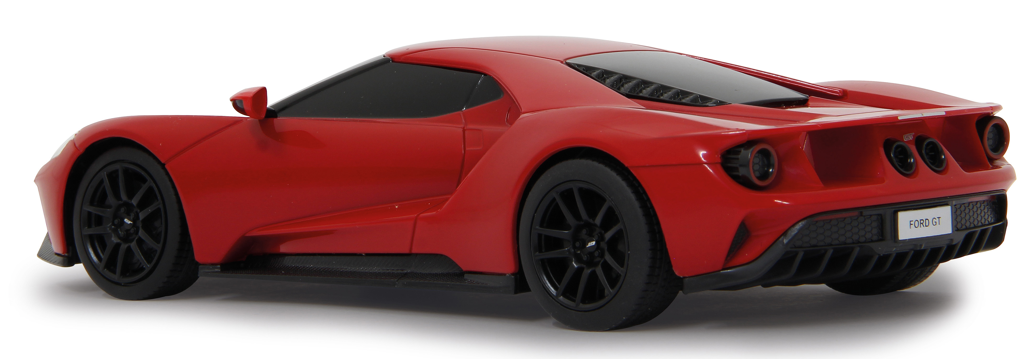 Ein roter Ford GT ist in einer hinteren Seitenansicht vor einem sauberen weißen Hintergrund mit einem Schatten darunter zu sehen.