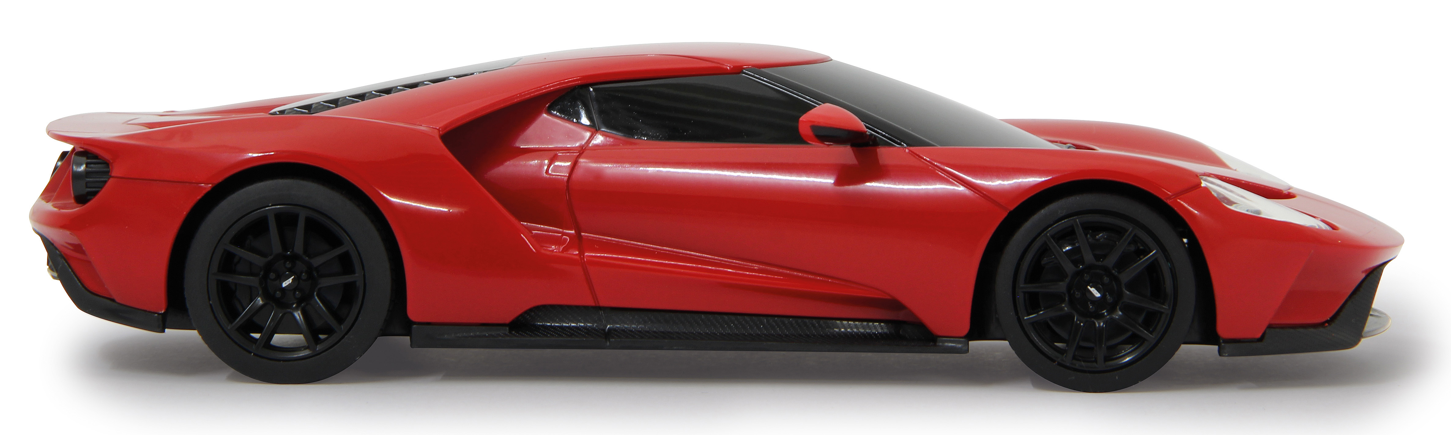 Ein roter Ford GT ist in einer Seitenansicht vor einem sauberen weißen Hintergrund mit einem Schatten darunter zu sehen.