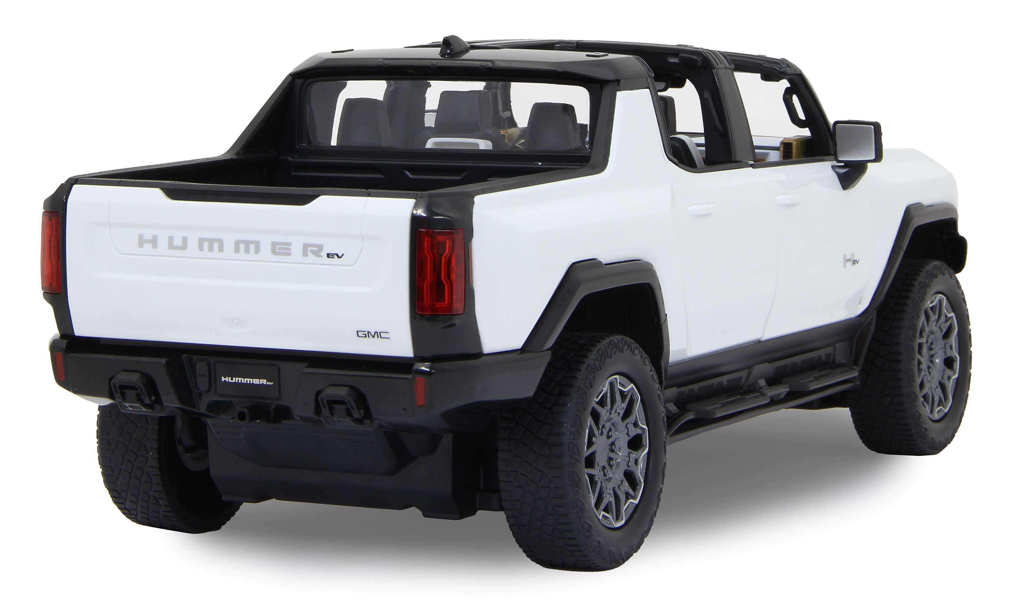 Weißer Hummer EV Spielzeug, Rückansicht. Schwarze Akzente und offene Ladefläche. Hummer- und GMC-Logos sichtbar.