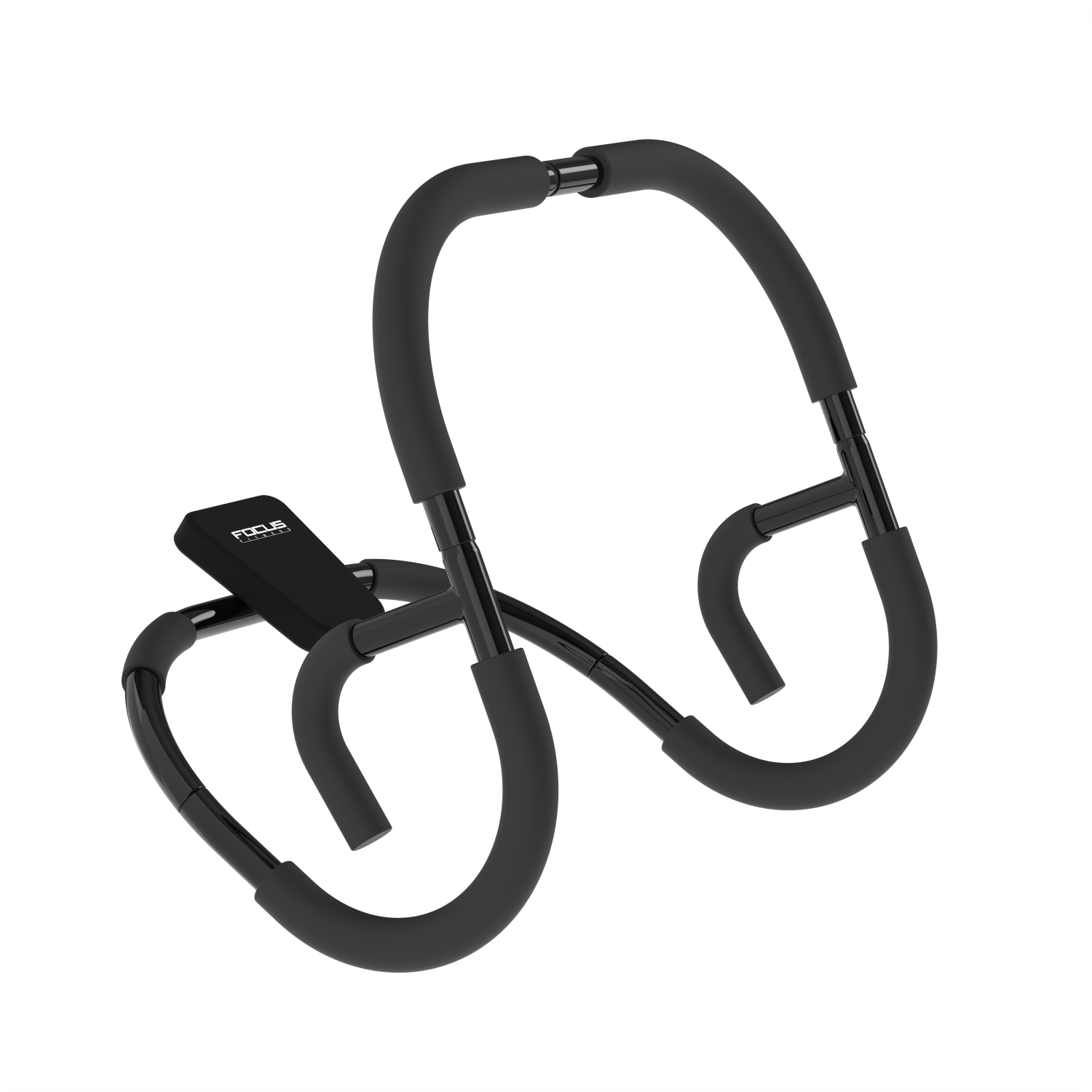 Zwarte buikspierroller met Focus Fitness-logo op wit. De roller heeft gebogen stangen met gewatteerde handgrepen.