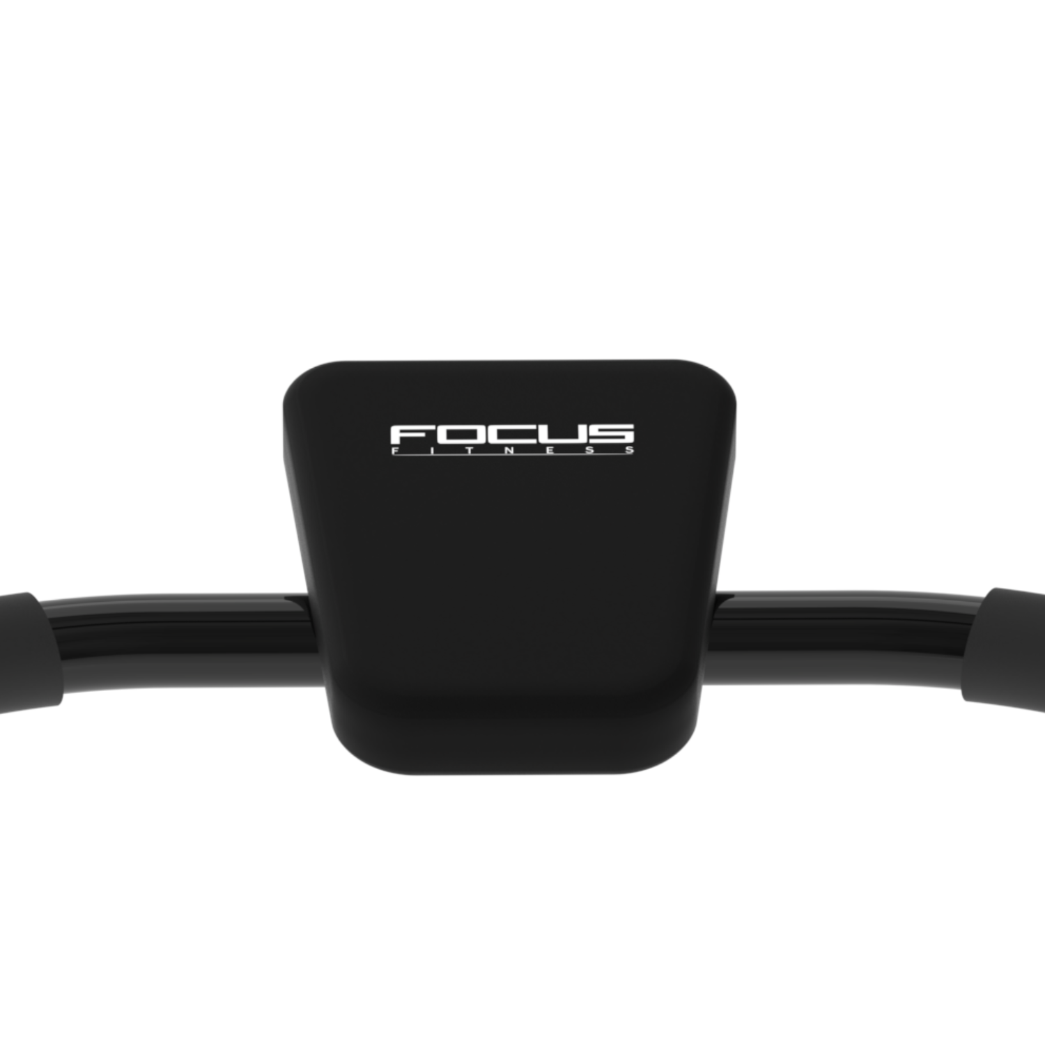 Een close-up toont het Focus Fitness-logo op een zwarte buikspierroller tegen een witte achtergrond.