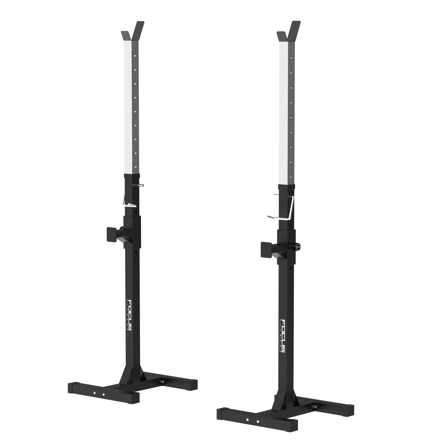 Two black Prestige 300 barbell racks stand on a white background. The Focus Fitness logo is on the rack.