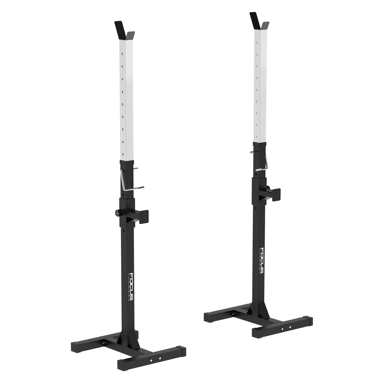 Two black and silver squat racks on black background. Focus logo on the base. Vertical bars with adjustable height.