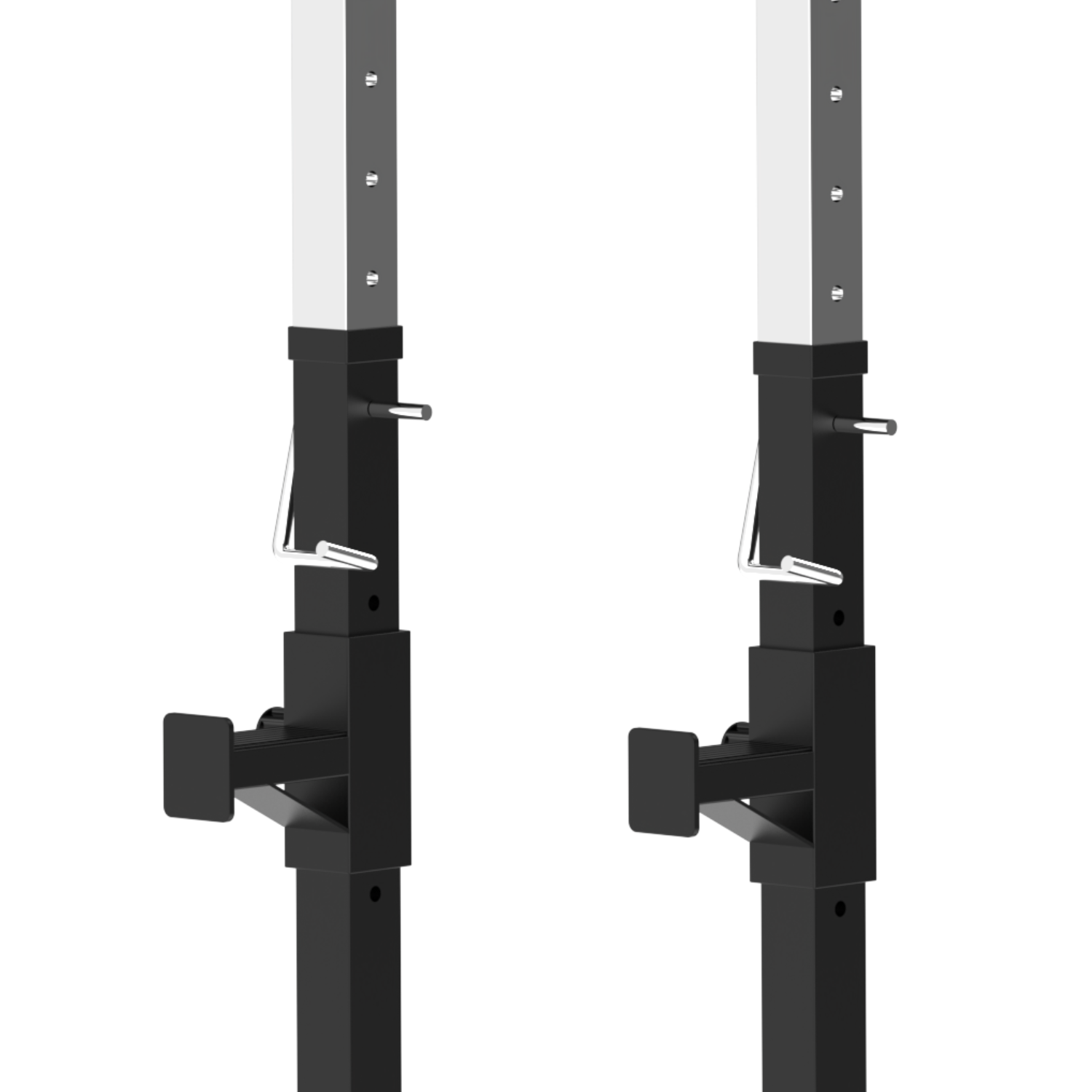 Two black and white adjustable weightlifting stands with a locking pin in the middle, set against a white background.