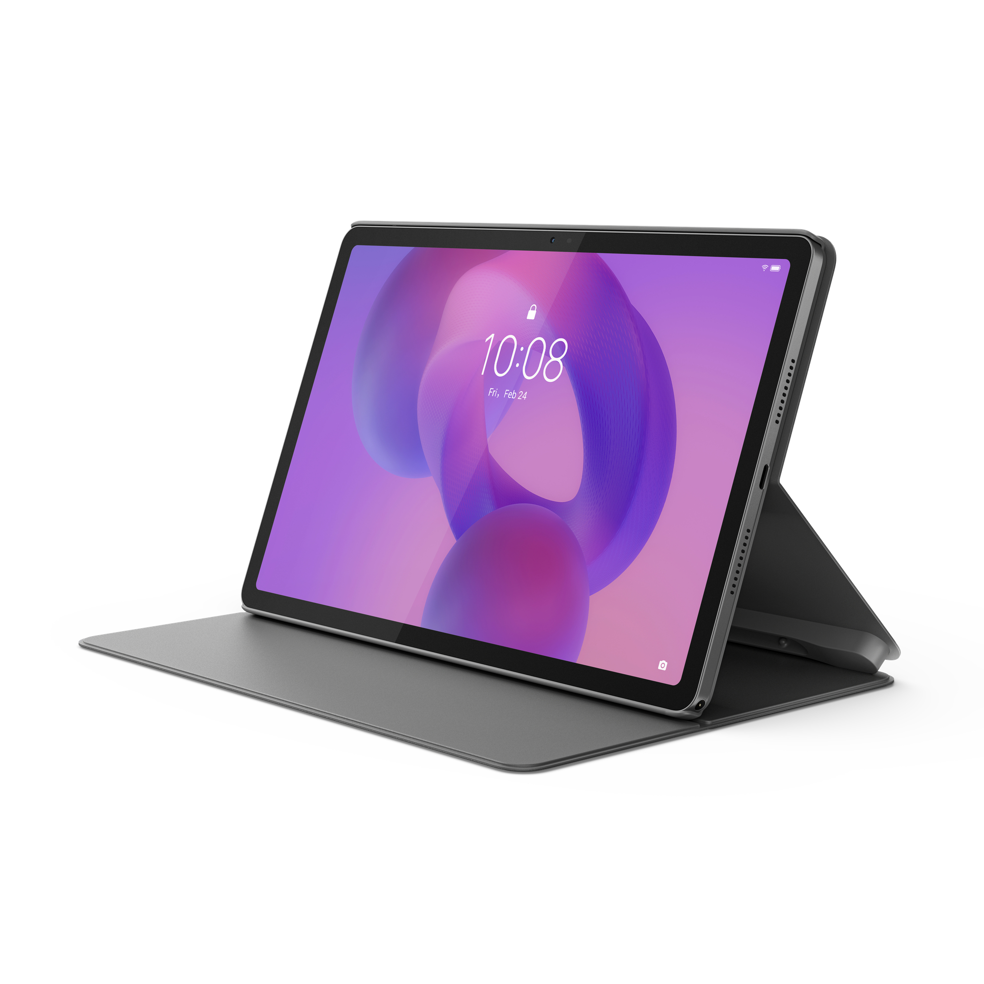 Tablet Lenovo z ekranem wyświetlającym zegar cyfrowy, etui na ekran i klawiaturą na białym tle.