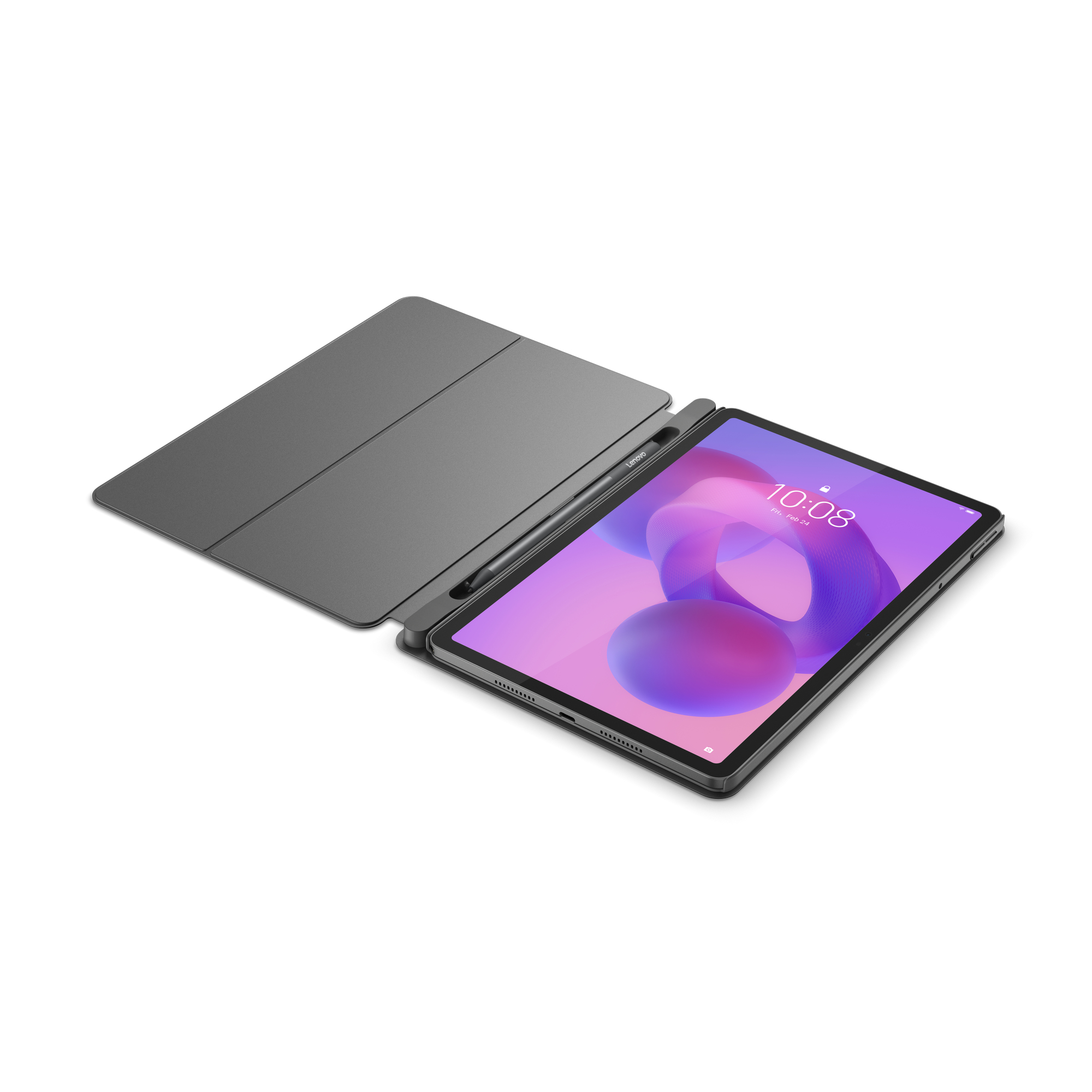 Tablet z szarą obudową i klawiaturą, otwarty, pokazujący ekran z czasem i abstrakcyjnym obrazem, białe tło.