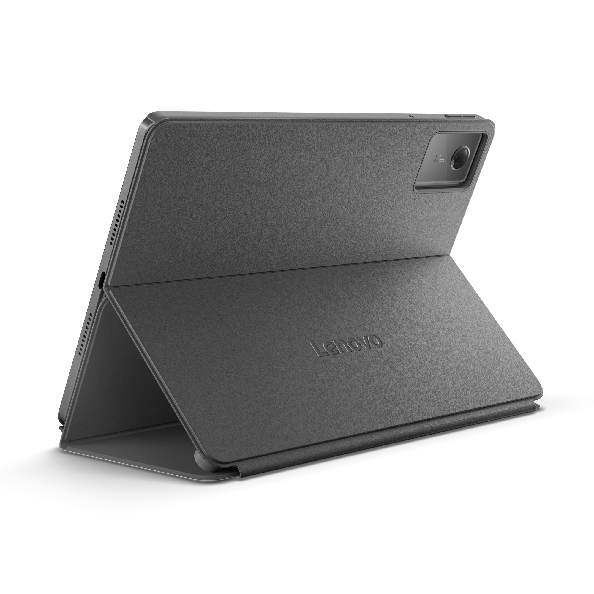 Ciemnoszary tablet Lenovo w etui, otwarty pod kątem na białym tle, widoczne logo Lenovo.