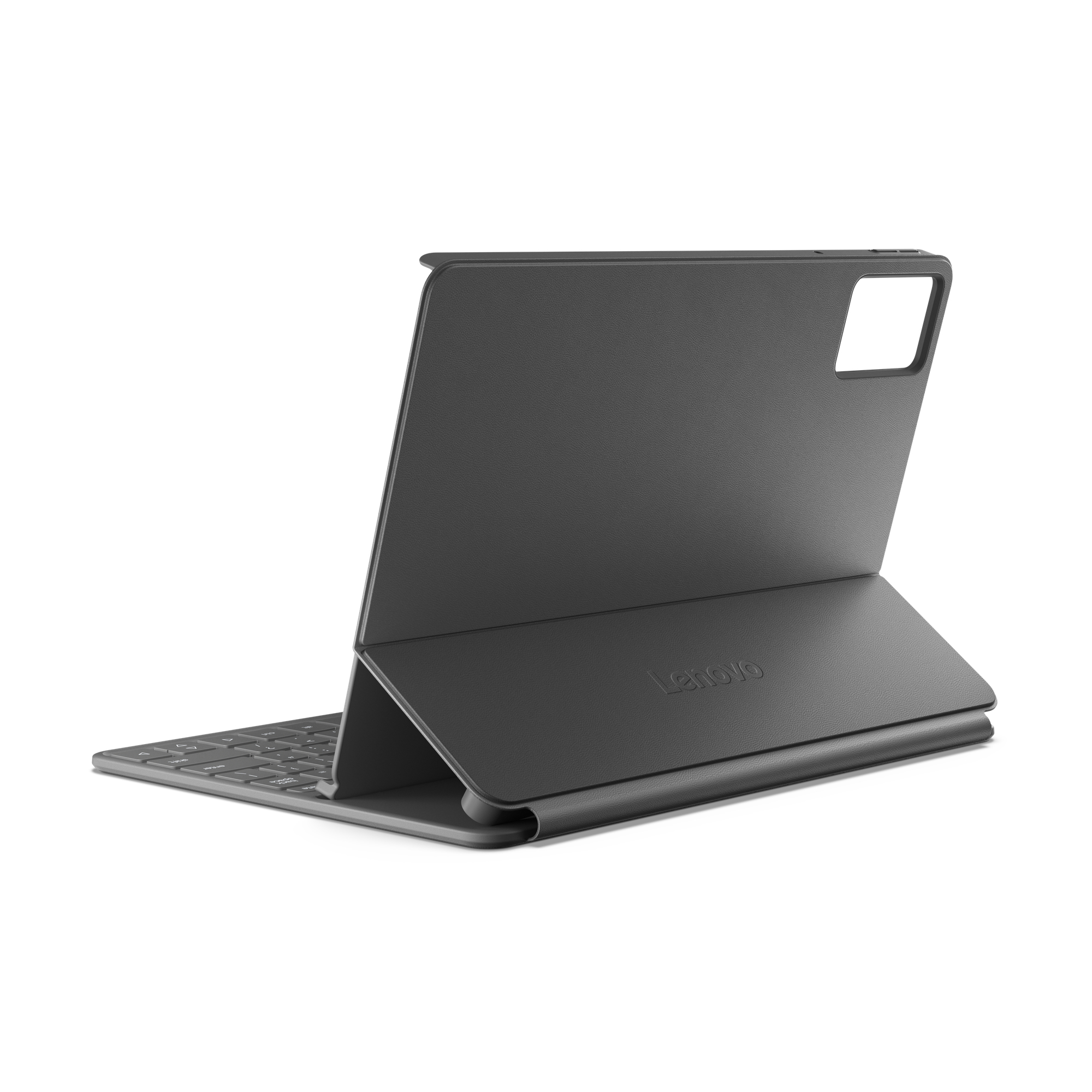 Ein graues Lenovo-Tablet mit Tastaturhülle, schräg gestellt, auf weißem Hintergrund. Das Lenovo-Logo ist sichtbar.