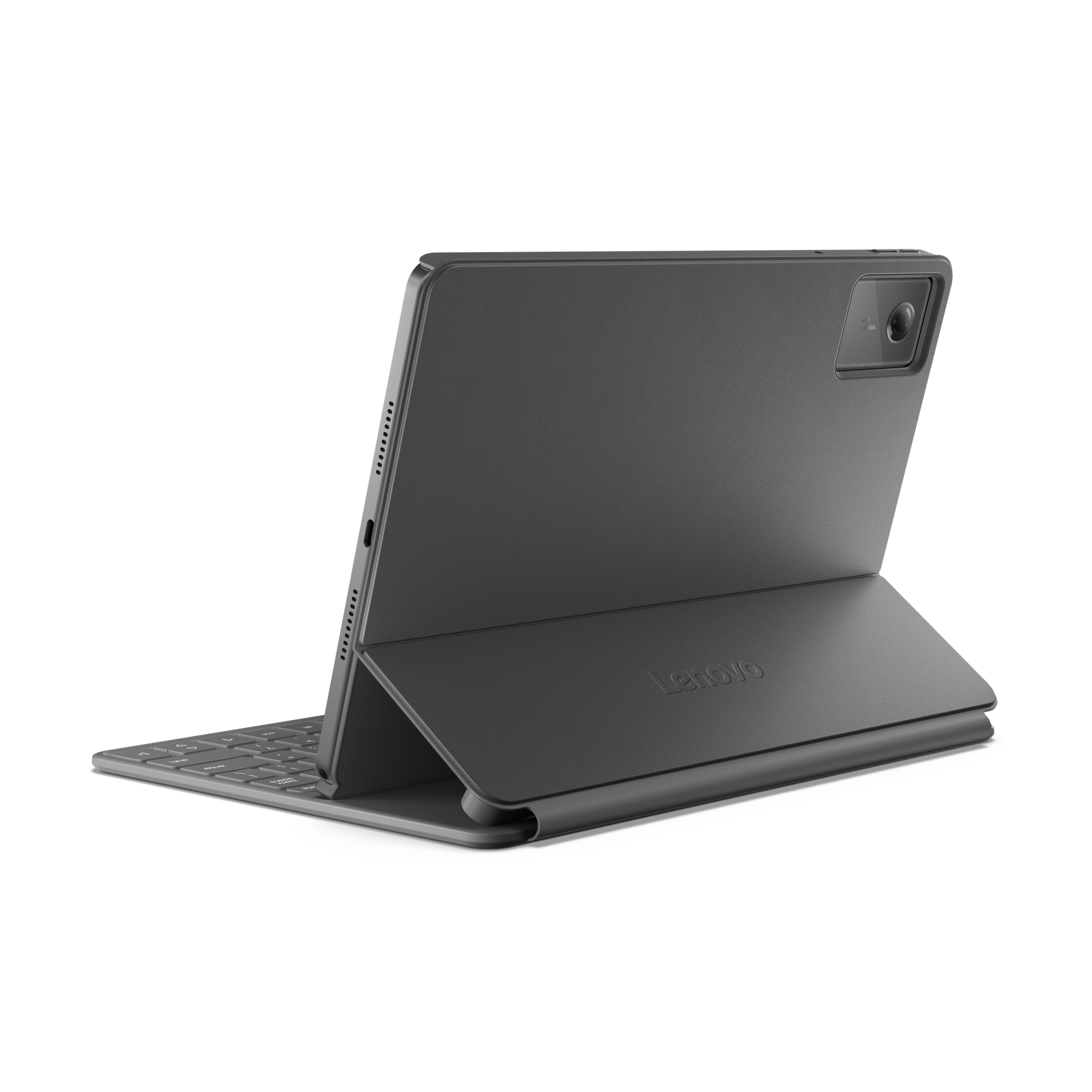 Tableta gris con funda y teclado. Logotipo de Lenovo visible en la funda.