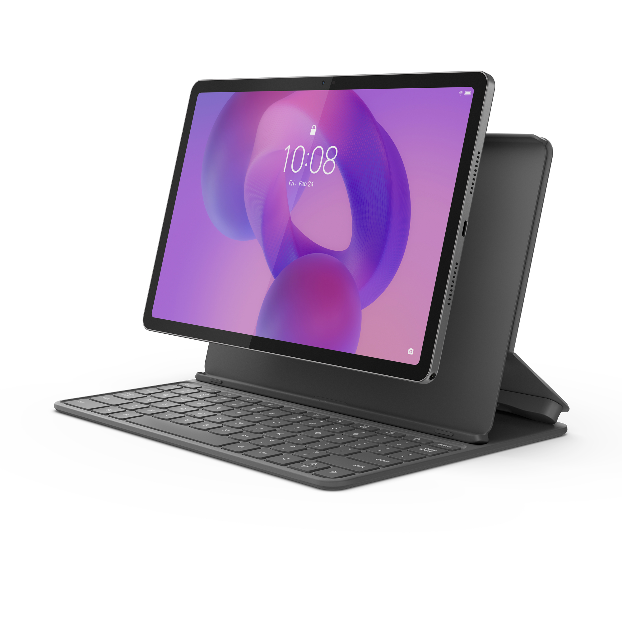 Tableta con pantalla mostrando hora y fecha. Tiene teclado y funda.
