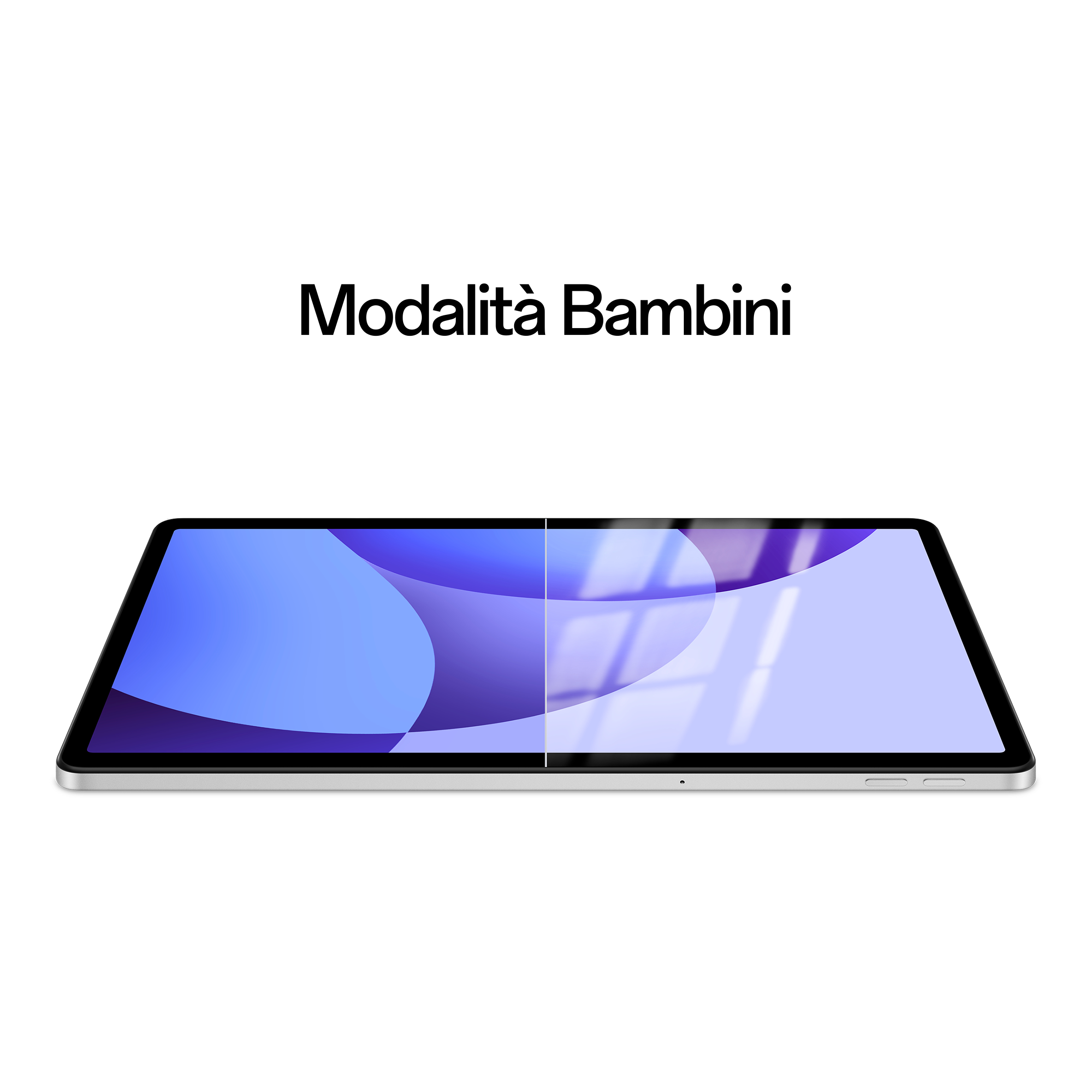 Tabletscherm in tweeën gedeeld met een blauwe gradiënt. Tekst: Modalità Bambini.