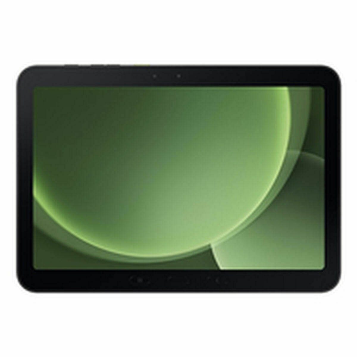 Tableta negra con pantalla de gradiente verde, vista frontal. La pantalla muestra dos círculos verdes.
