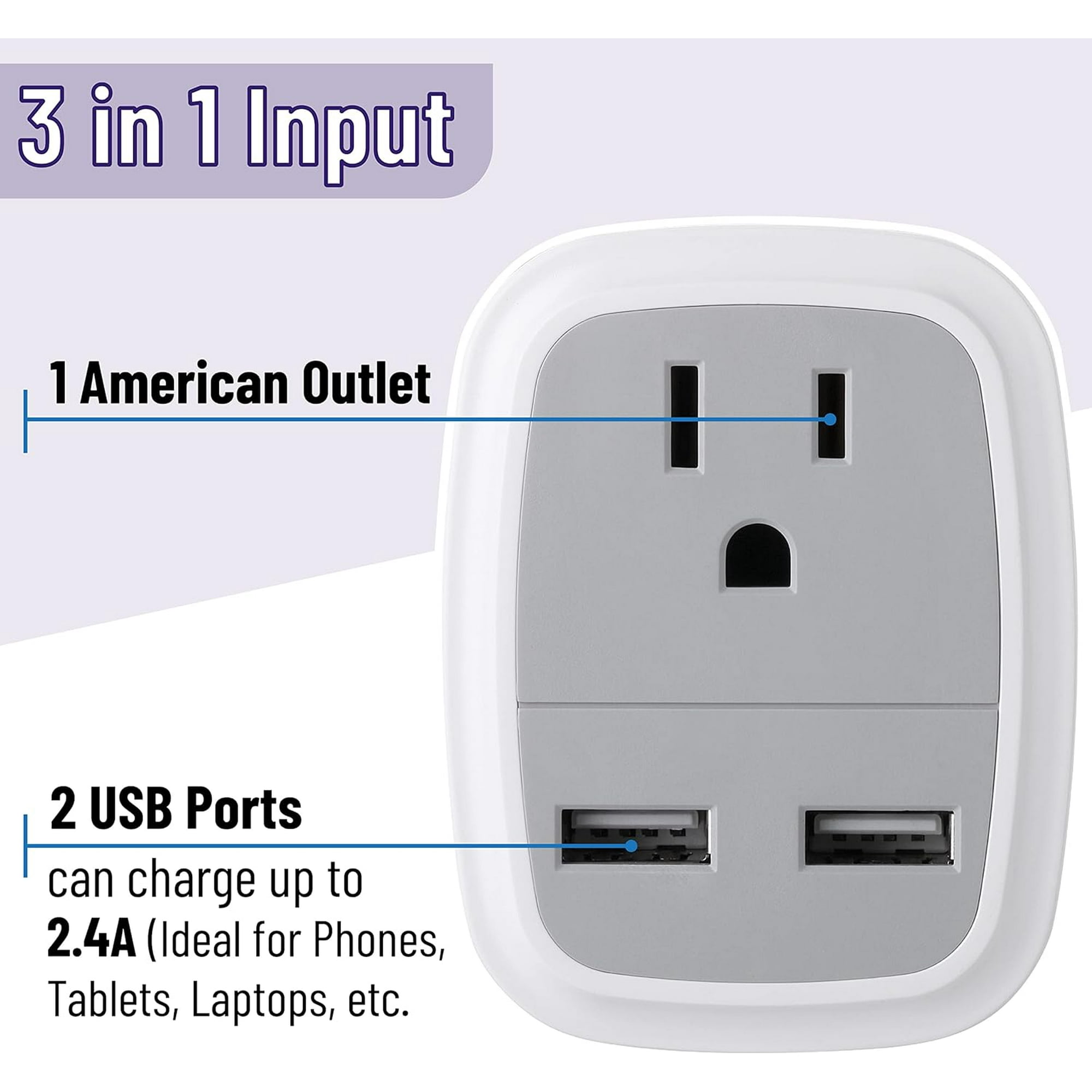 Weiß-grauer Adapter mit einer amerikanischen Steckdose und zwei USB-Anschlüssen, gekennzeichnet mit 2,4A zum Laden von Telefonen.