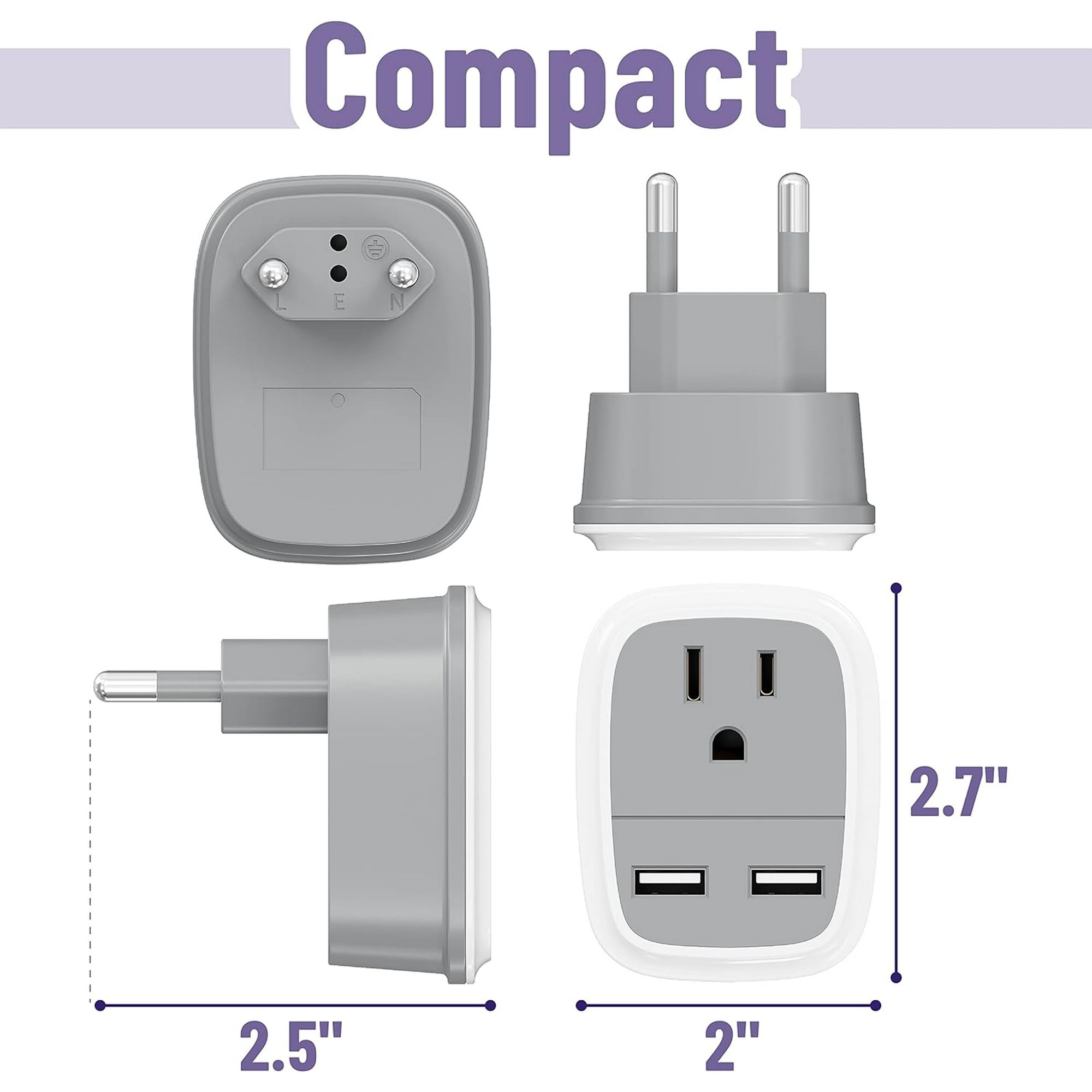 Das Bild zeigt einen kompakten grauen Adapter mit verschiedenen Stecker-Konfigurationen und Abmessungen, der seine geringe Größe hervorhebt.