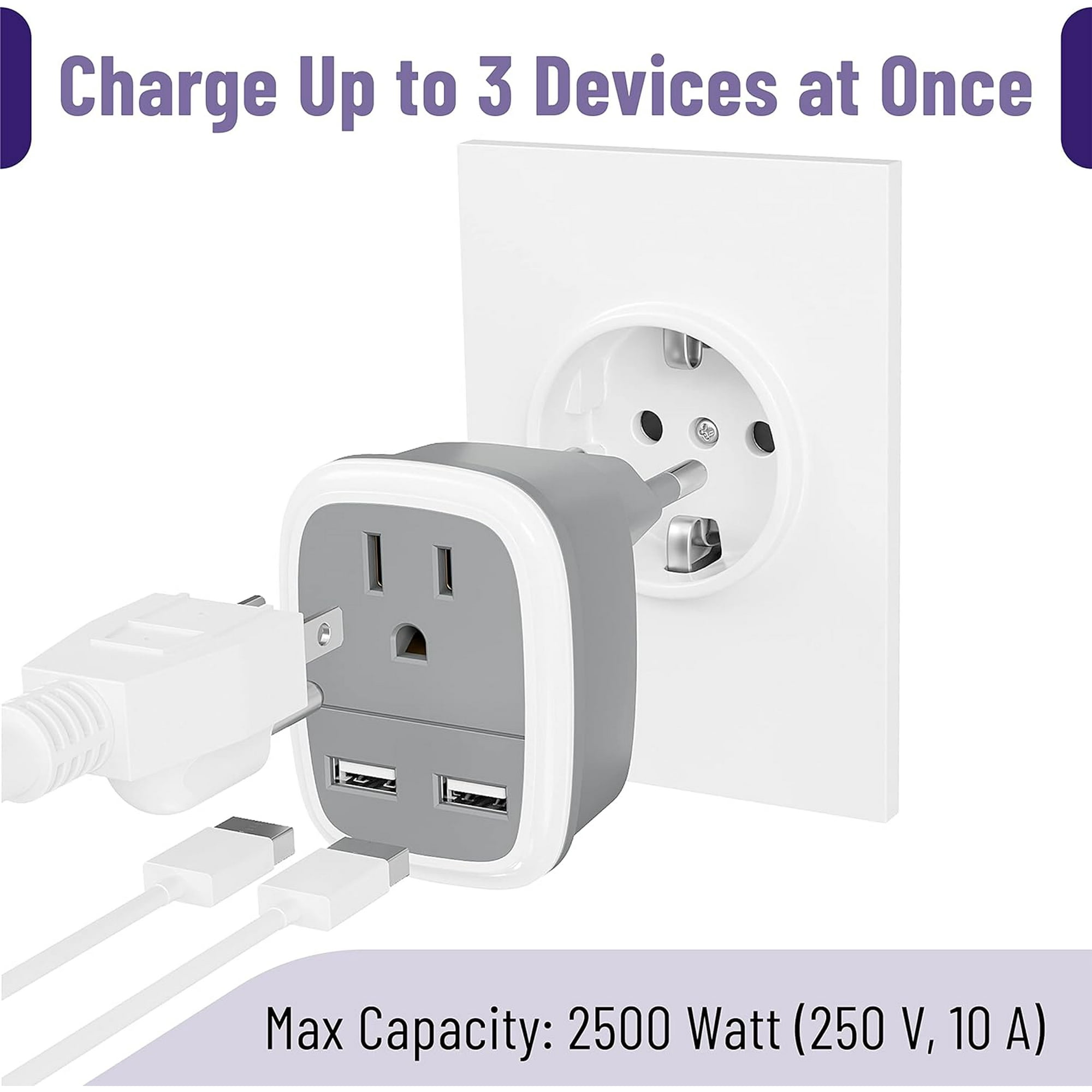 Ein grauer und weißer Adapter ist in eine europäische Steckdose gesteckt und lädt mehrere Geräte gleichzeitig über USB-Anschlüsse auf.