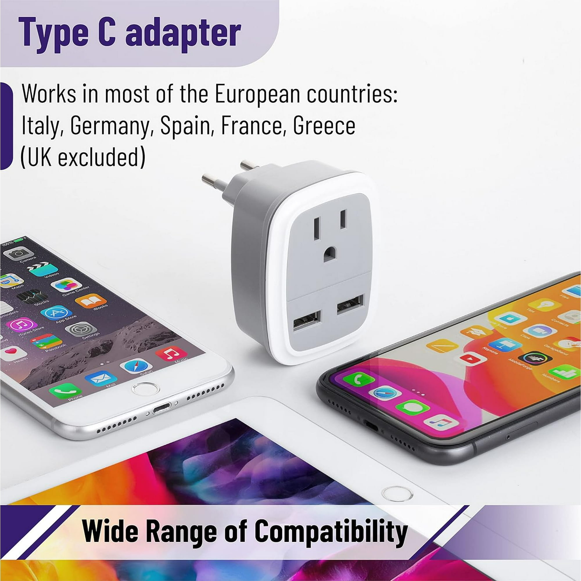 Das Bild zeigt einen Typ-C-Adapter mit zwei Telefonen und einem Tablet, der seine breite Kompatibilität hervorhebt.