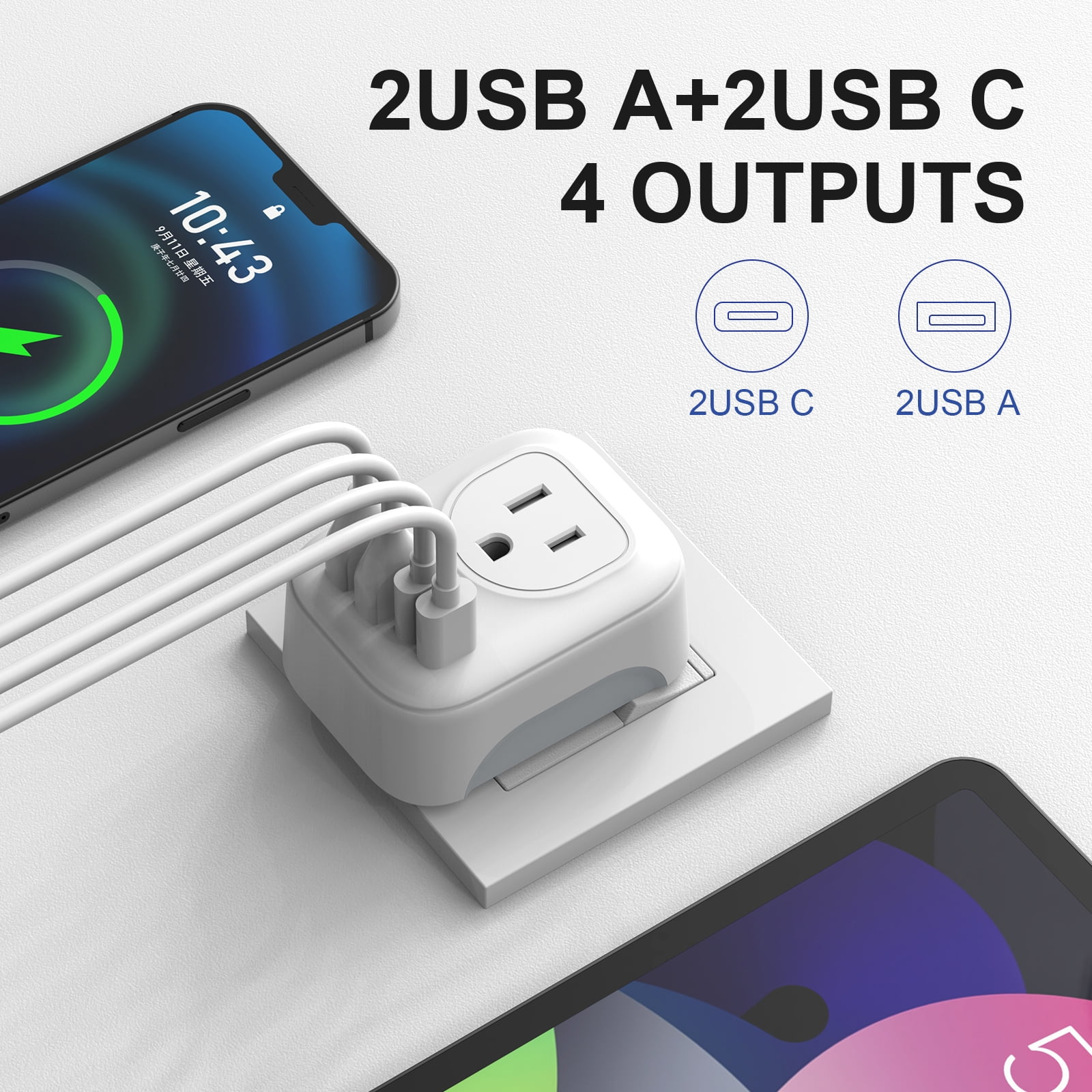 Weißer Netzadapter mit 2 USB-A- und 2 USB-C-Anschlüssen, der in eine Steckdose gesteckt ist. Ein Telefon und ein Tablet sind ebenfalls zu sehen.