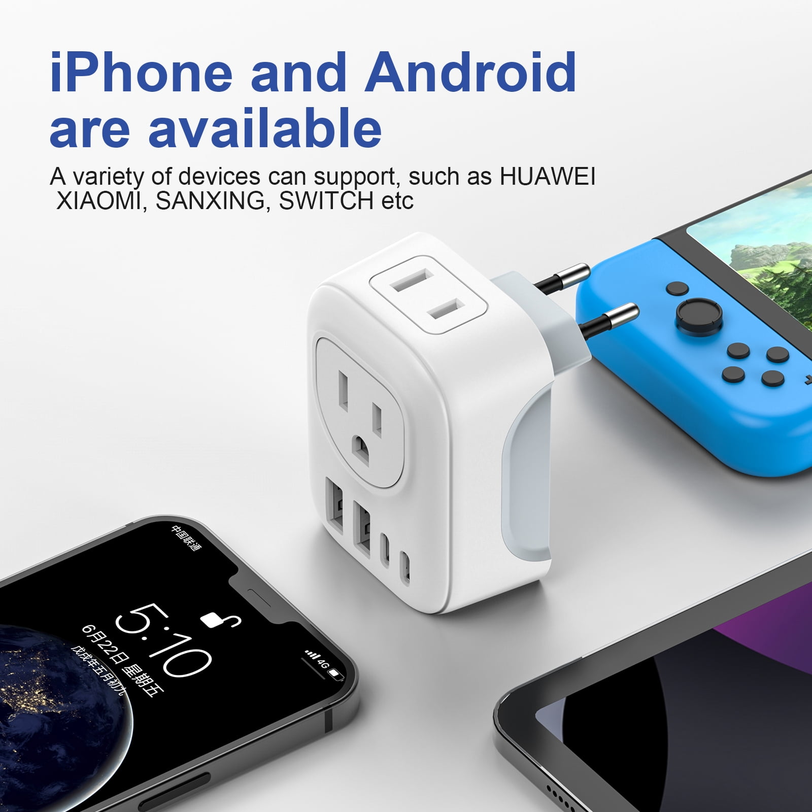 Ein weißer Adapter mit US-Steckdose wird mit einem iPhone, einem Android-Telefon und einer Nintendo Switch gezeigt, um die Kompatibilität zu bewerben.