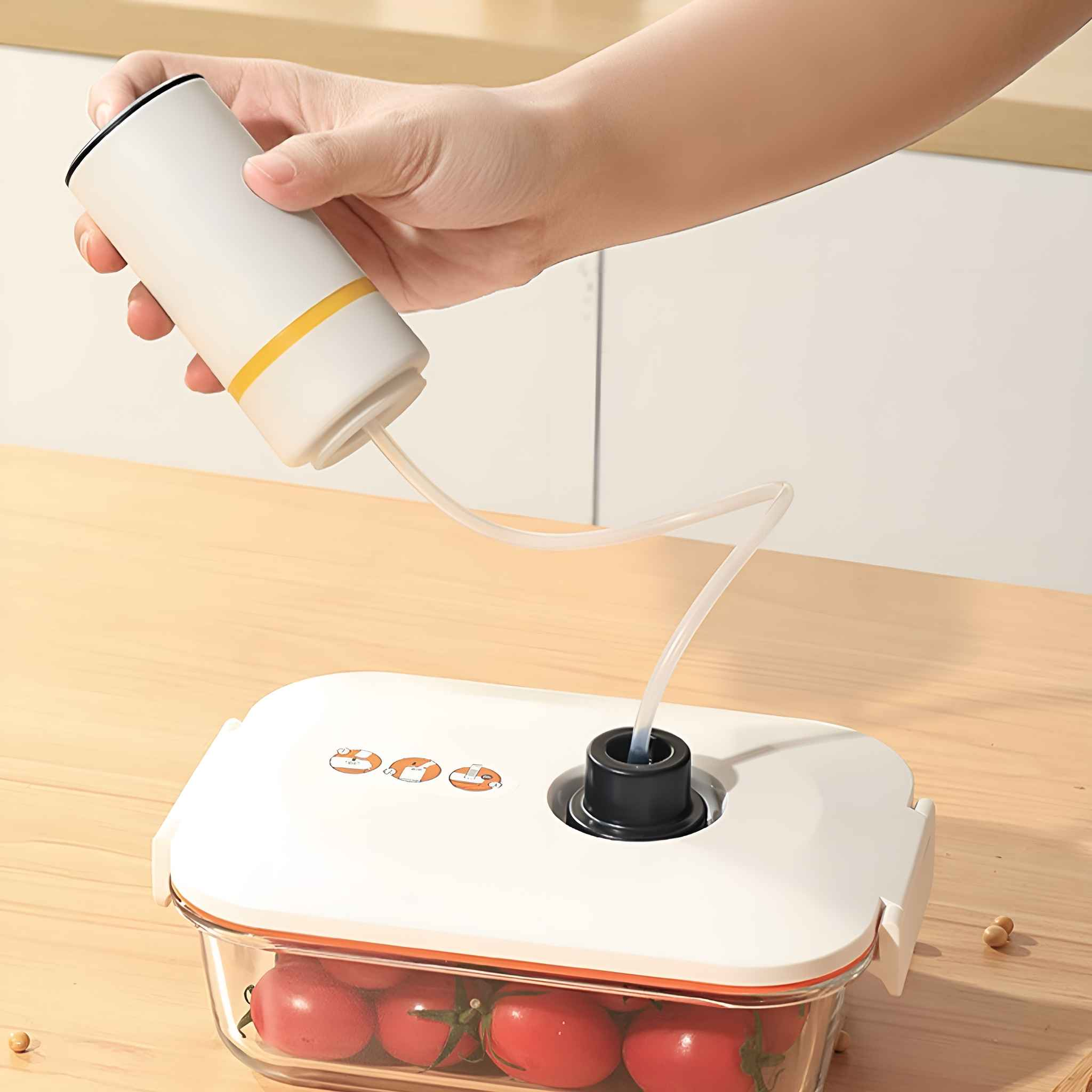 Eine Hand, die eine weiße Vakuumpumpe mit gelbem Akzent verwendet, um Luft aus einem Tomatenbehälter zu entfernen.