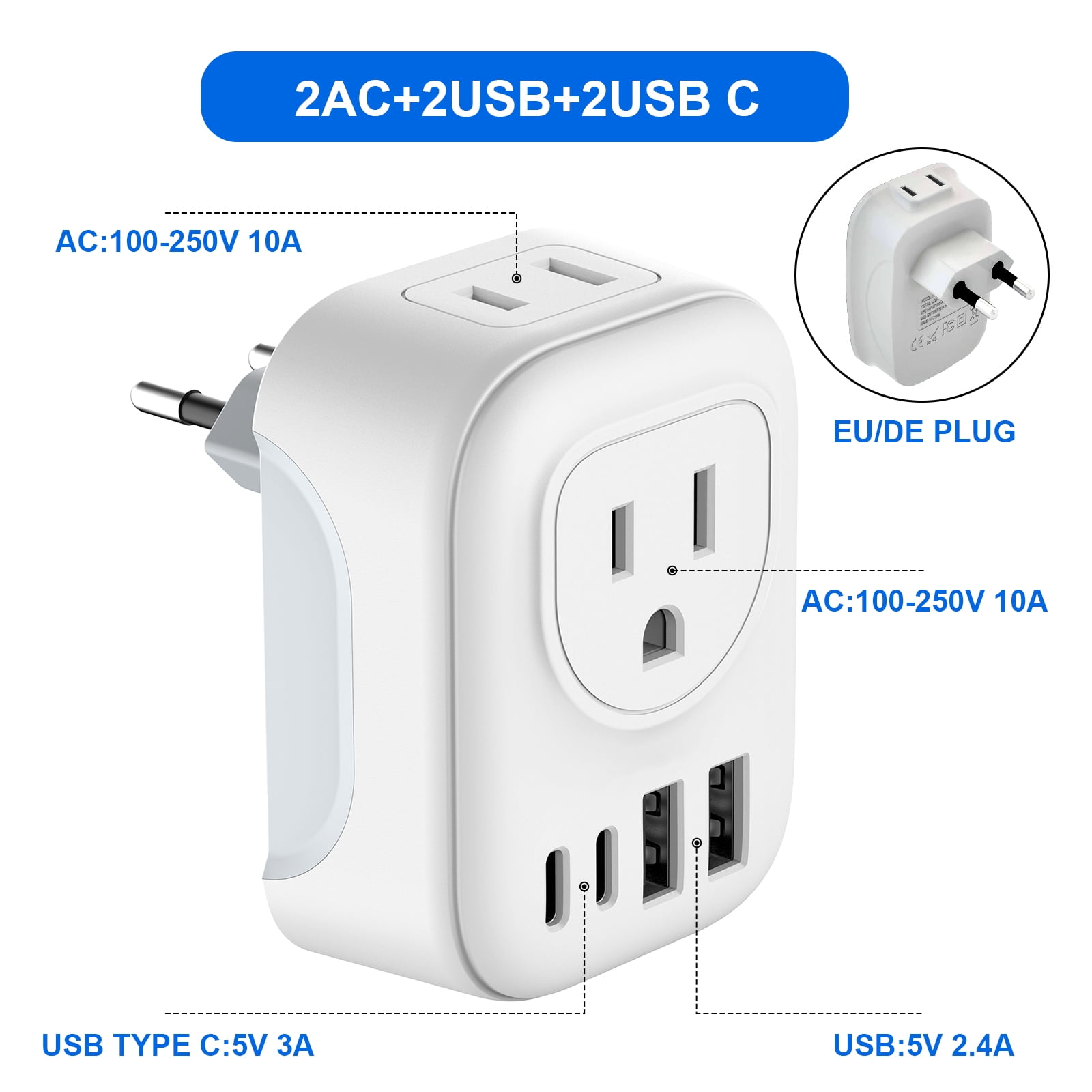 Weißer Netzadapter mit mehreren Steckdosen und USB-Anschlüssen, beschriftet mit AC und USB.