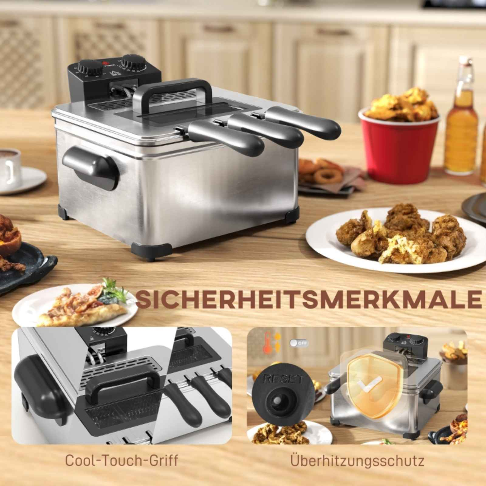 Eine Fritteuse mit hervorgehobenen Sicherheitsmerkmalen, darunter Cool-Touch-Griffe und Überhitzungsschutz.