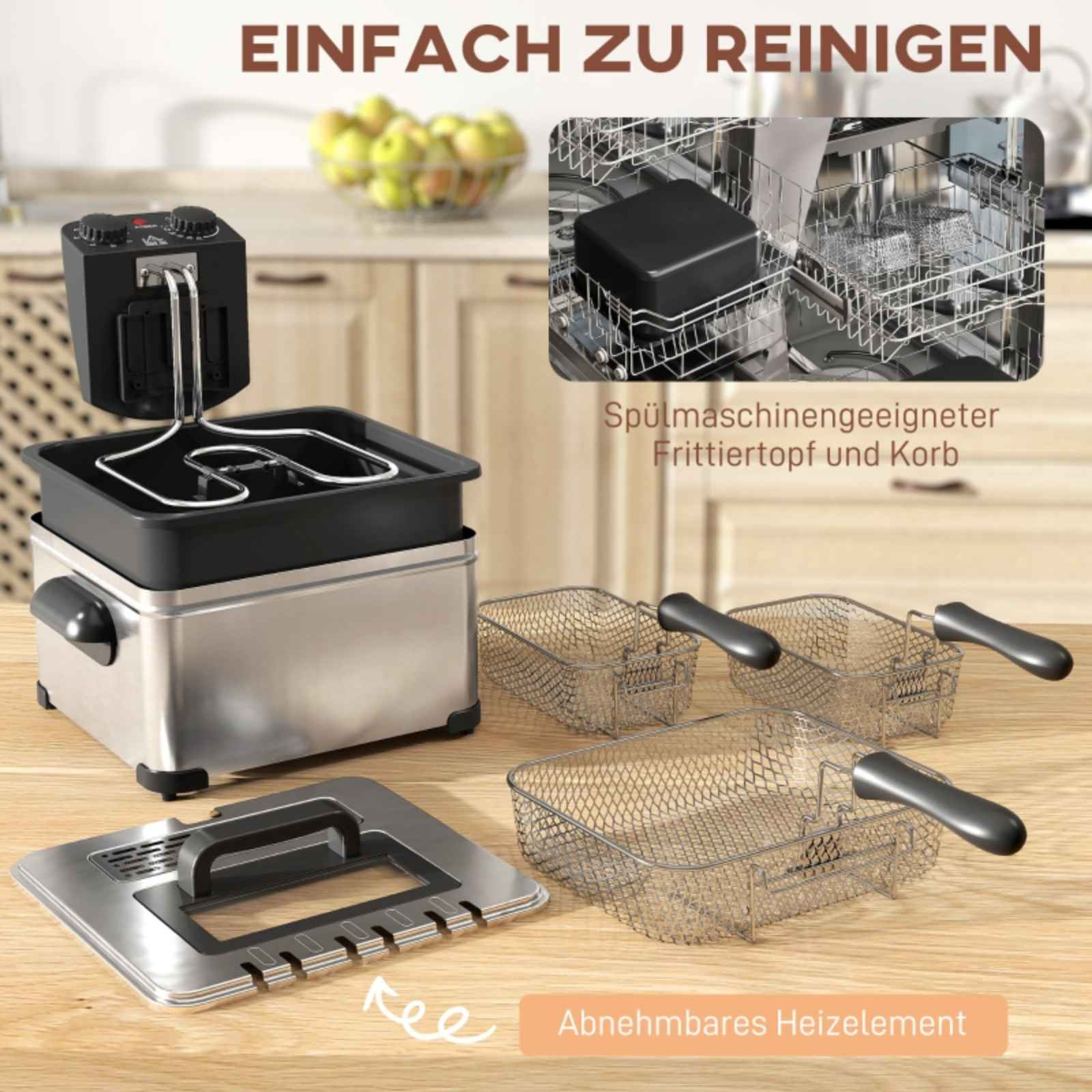 Verschiedene Edelstahl-Frittierkörbe und -teile, mit schwarzem Bedienfeld und Heizelement.