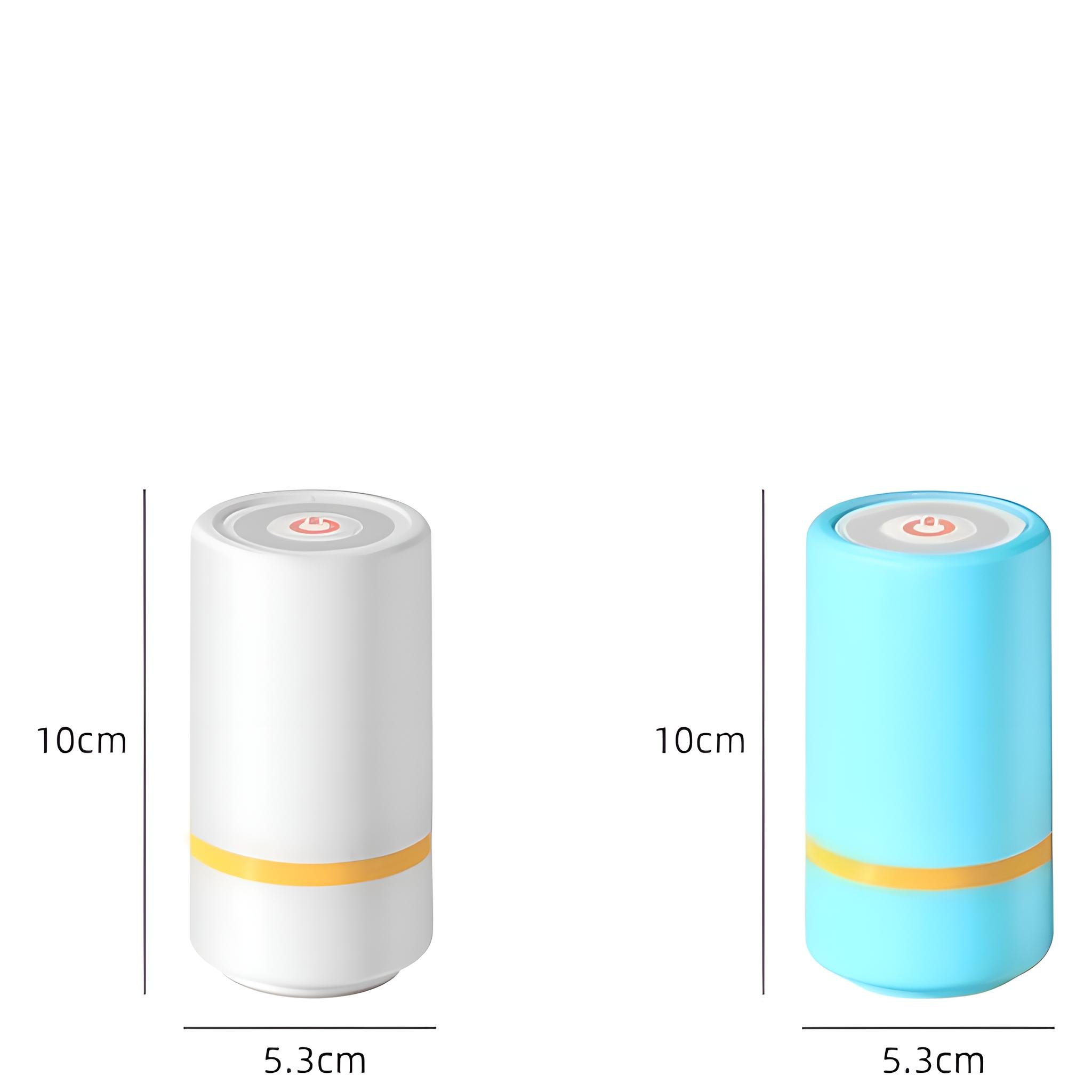 Zwei zylindrische Geräte: weiß und blau, beide mit orangen Bändern und Knöpfen, neben Abmessungen.