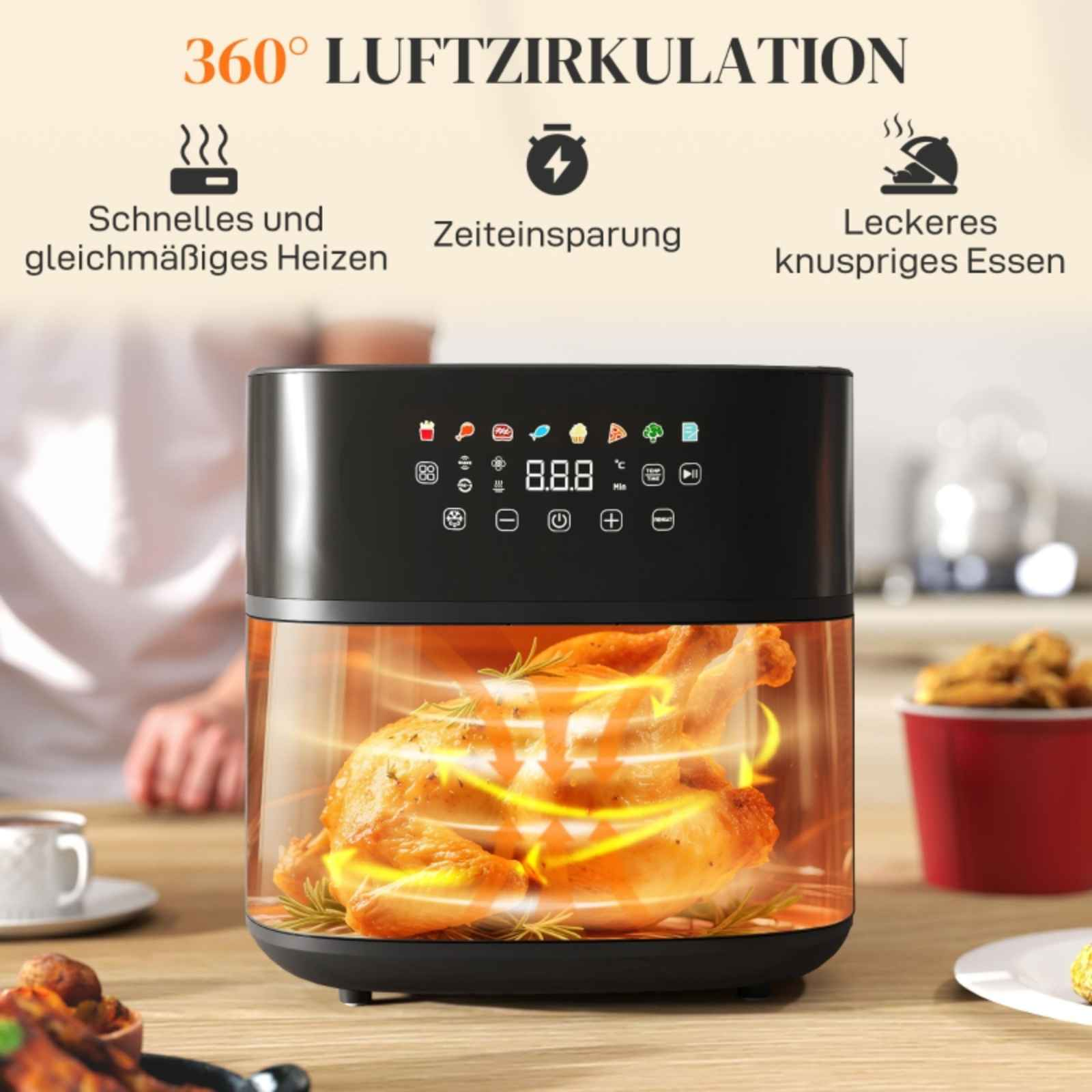 Heißluftfritteuse mit Huhn, mit Symbolen. Roter Becher und Essen an den Seiten. Küchengerät.