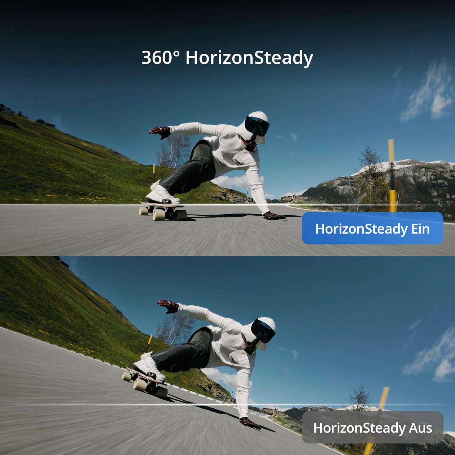 Eine Person fährt mit dem Skateboard eine Straße hinunter. Das Bild zeigt einen blauen Himmel und grüne Hügel.