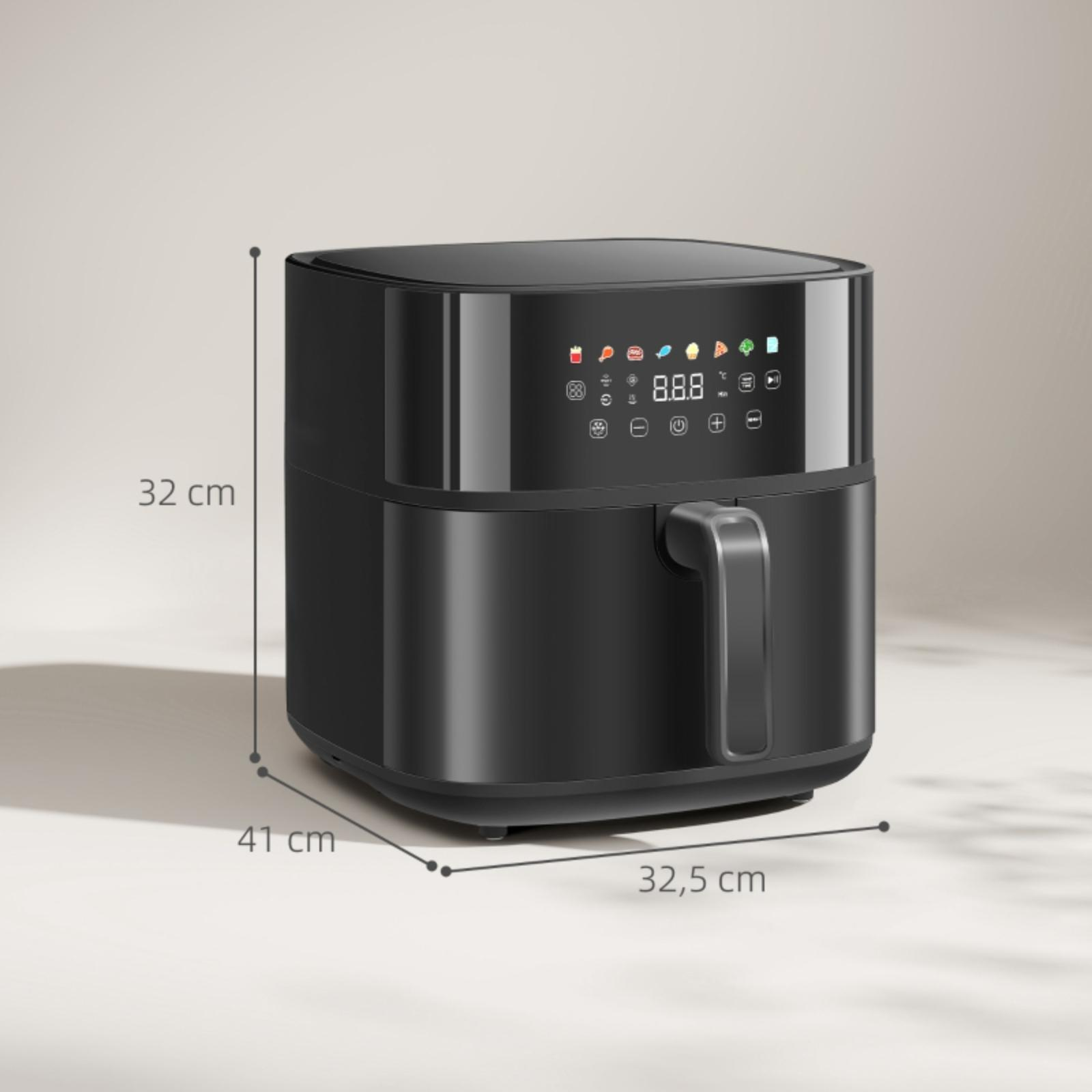 Eine schwarze Heißluftfritteuse mit Abmessungen. Sie hat ein digitales Display und einen Griff.