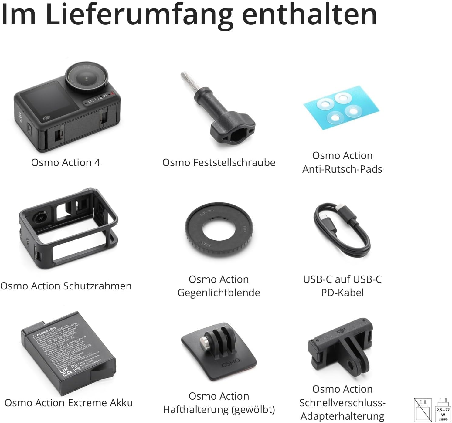 Verschiedenes Kamerazubehör, darunter eine Action-Kamera, Schrauben und Montagezubehör.