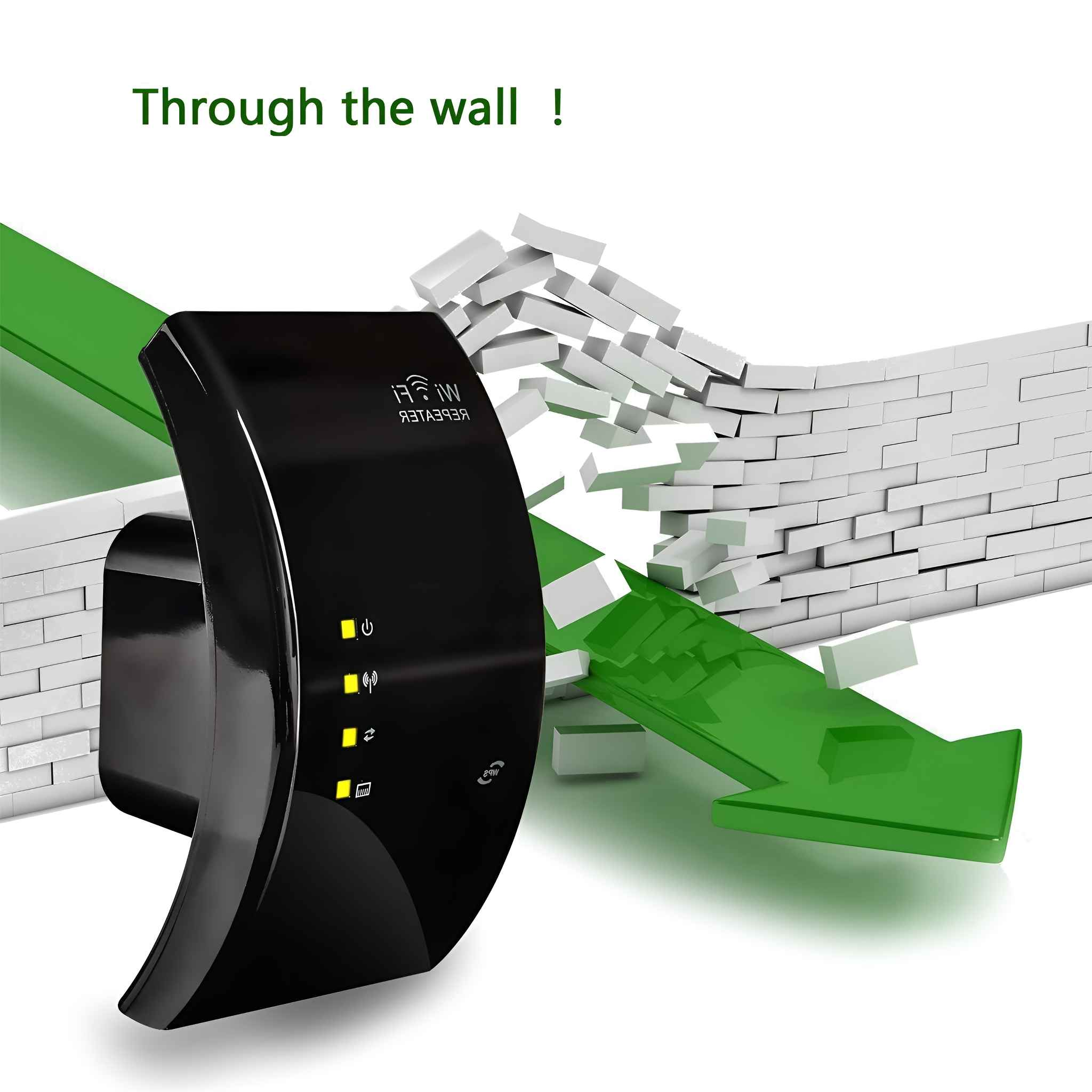 Ein schwarzer WLAN-Repeater mit einem grünen Pfeil, der durch eine weiße Wand dringt.