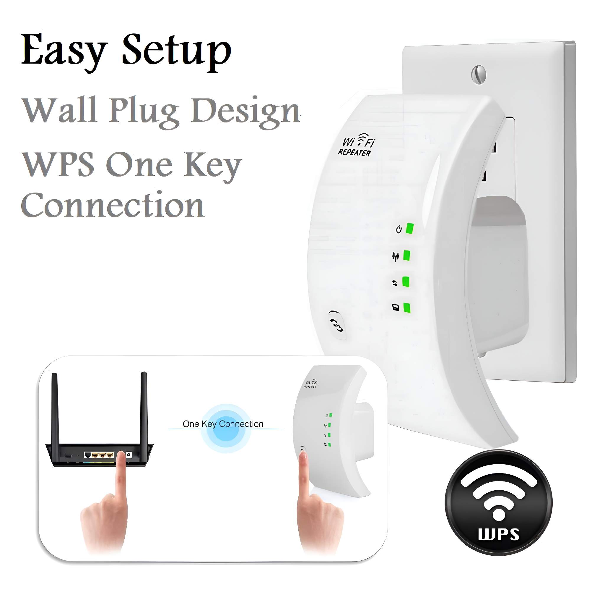 Ein WLAN-Repeater, der in eine Steckdose eingesteckt ist, mit Bildern von Router und WPS-Verbindung.