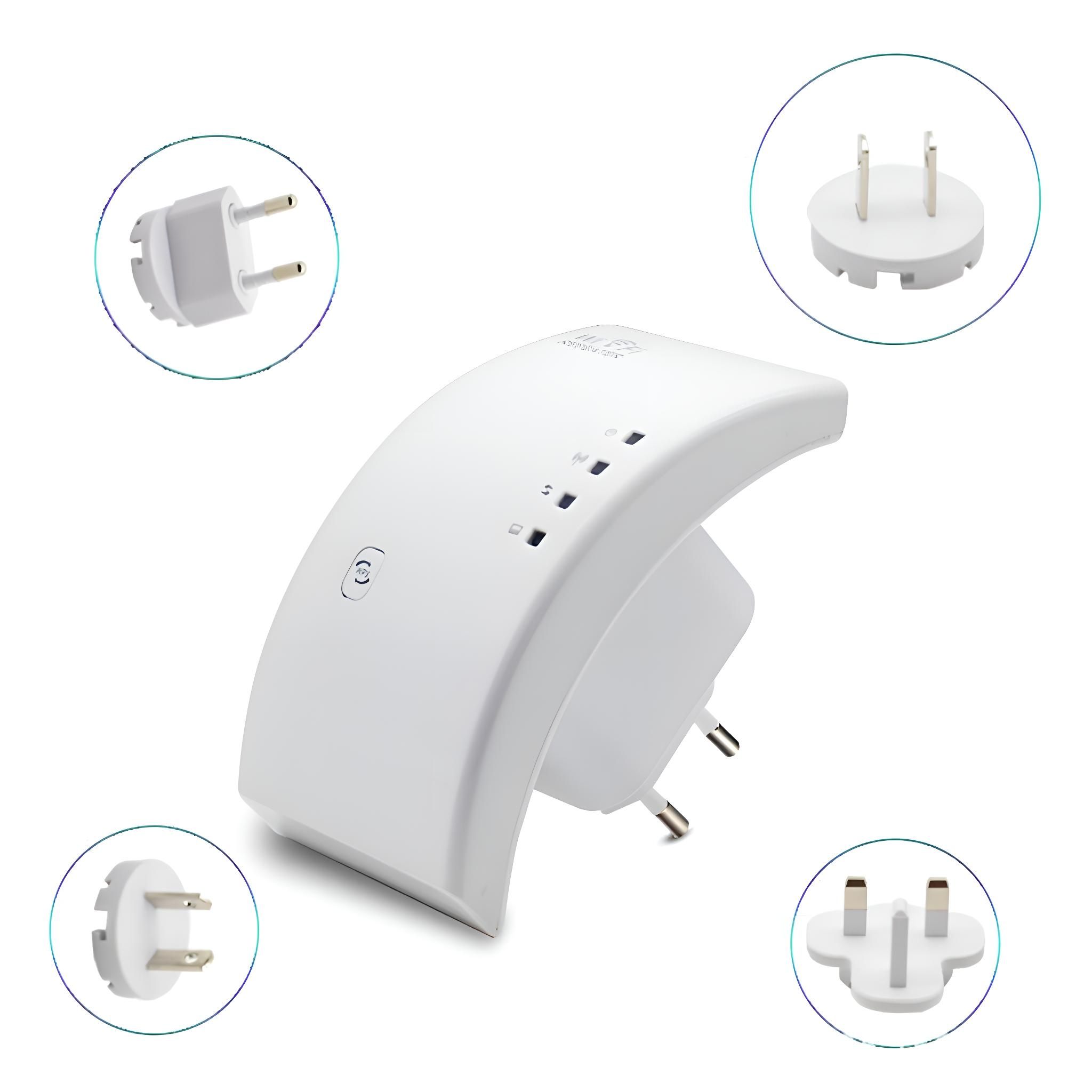 Ein weißer WLAN-Repeater mit Stecker, dargestellt mit verschiedenen Steckertypen drumherum.