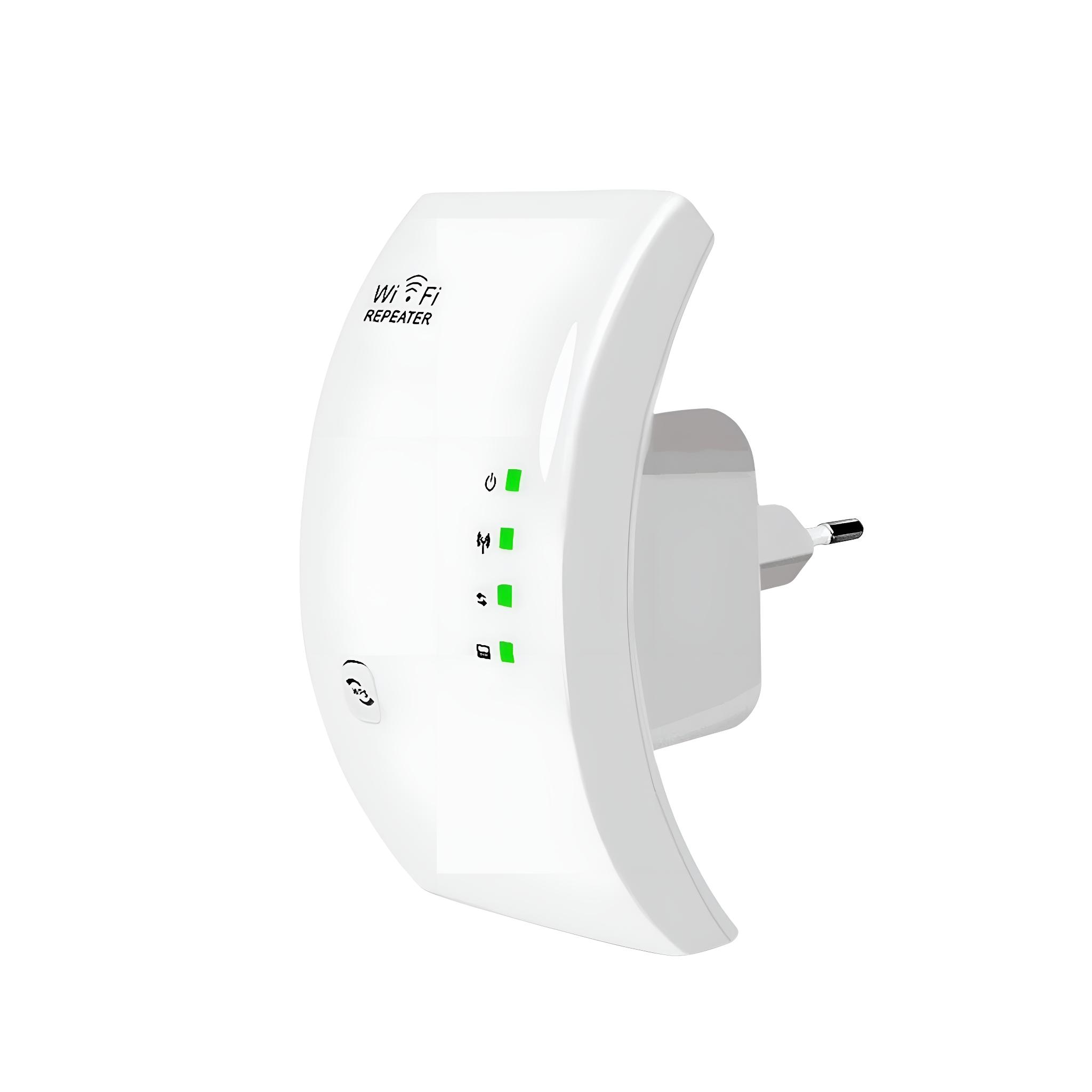 Ein weißer WLAN-Repeater, der in eine Steckdose gesteckt ist. Es hat Kontrollleuchten und den Text "Wi-Fi Repeater" darauf gedruckt.
