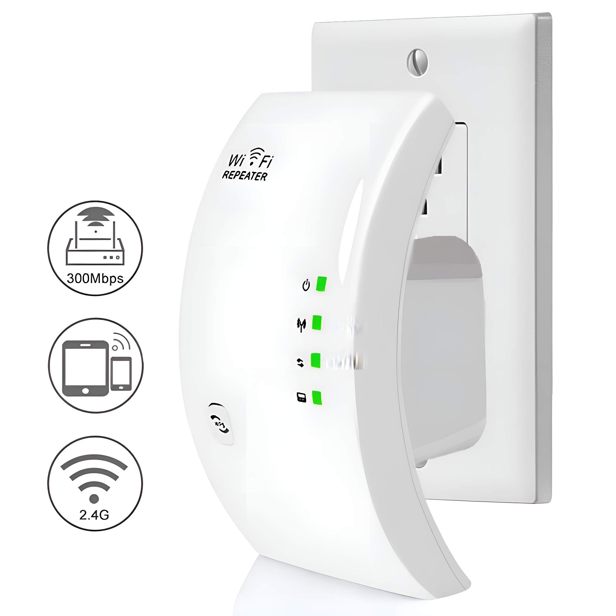 Ein weißer WLAN-Repeater, der in eine Steckdose gesteckt ist. Symbole, die das WLAN-Signal, 2,4G und 300 Mbit/s anzeigen, sind ebenfalls vorhanden.