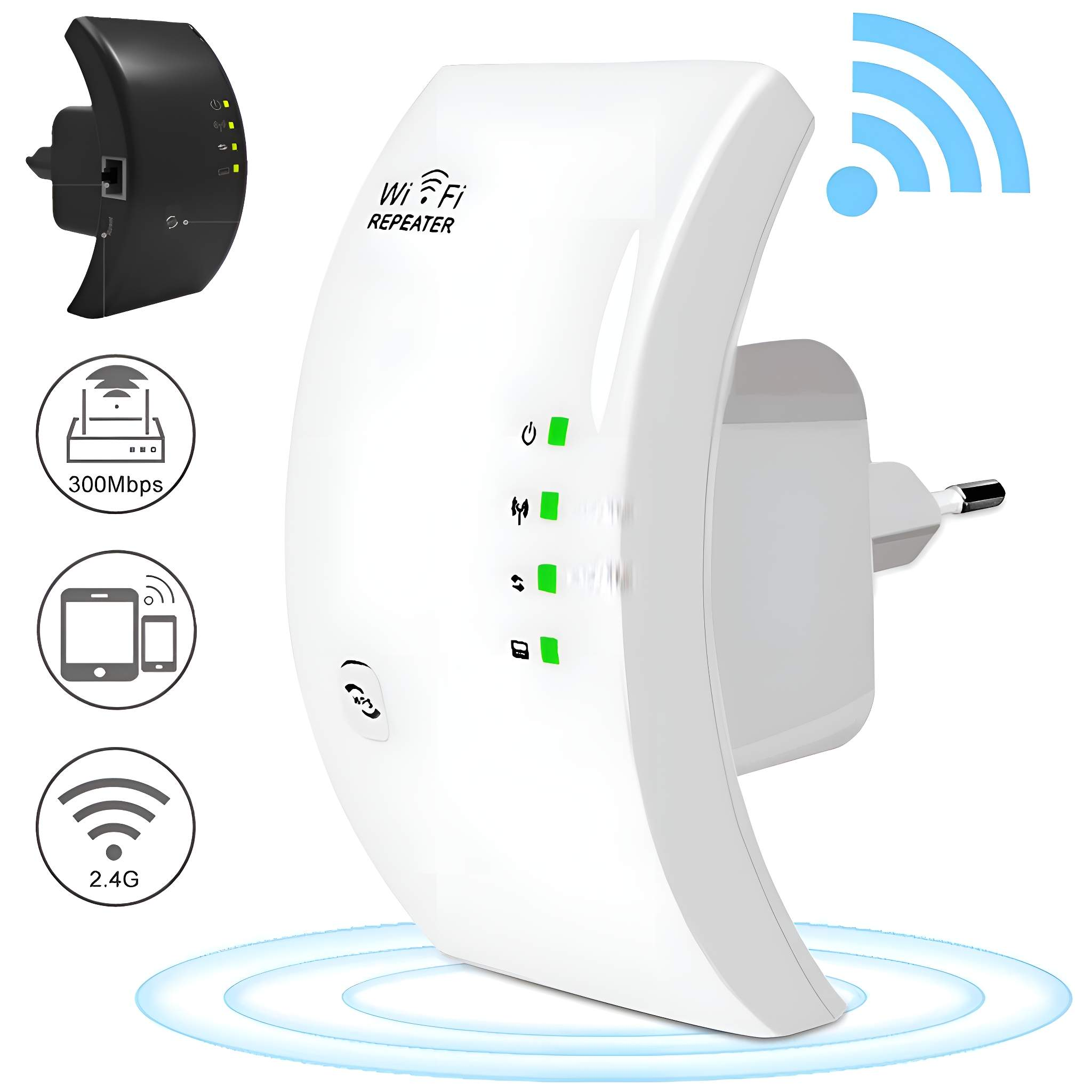 Ein weißer WLAN-Repeater, der in eine Steckdose gesteckt ist. Symbole, die das WLAN-Signal, 2,4G und 300 Mbit/s anzeigen, sind ebenfalls vorhanden.