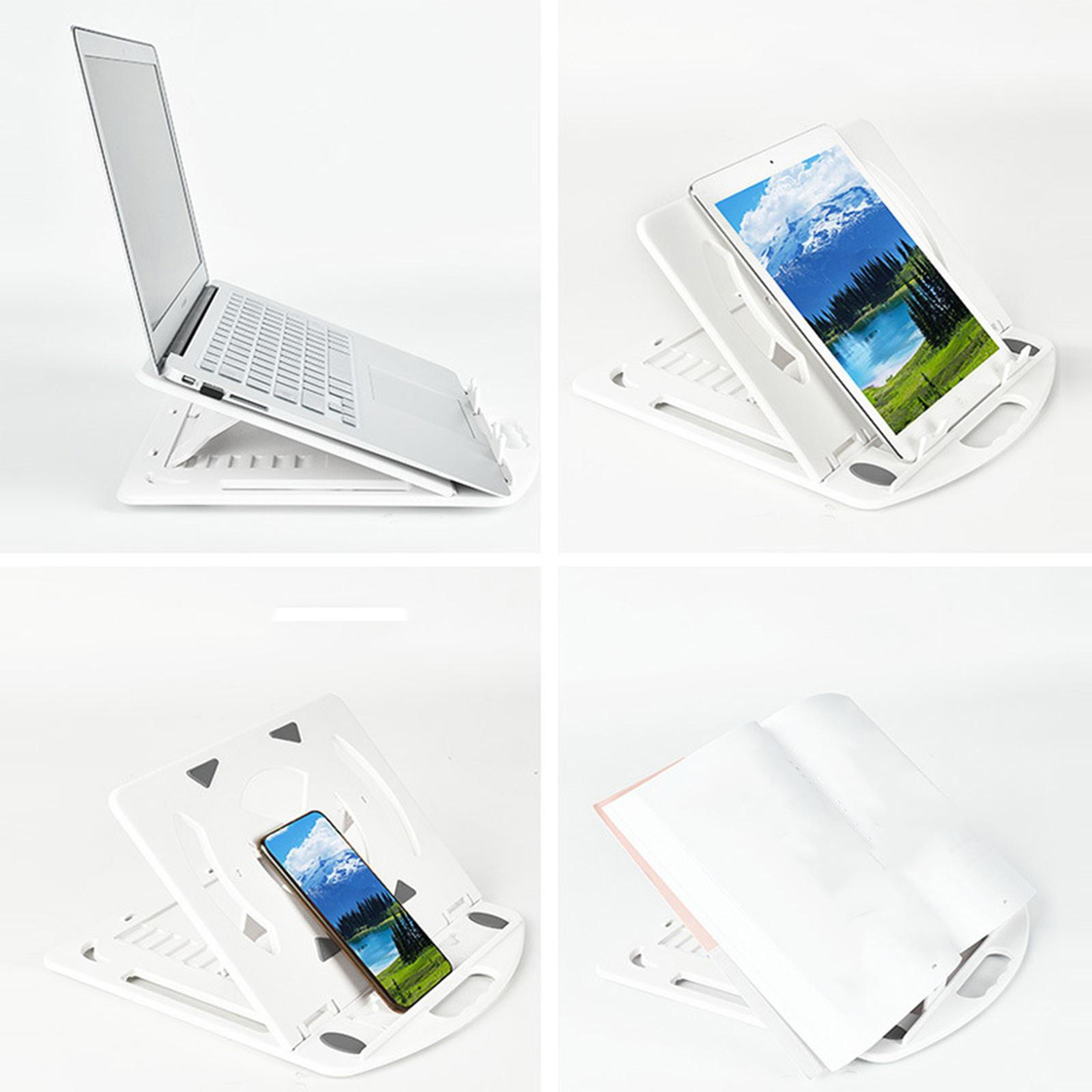 Vier Bilder eines weißen Laptop-Ständers mit Laptop, Tablet, Telefon und einem Buch.