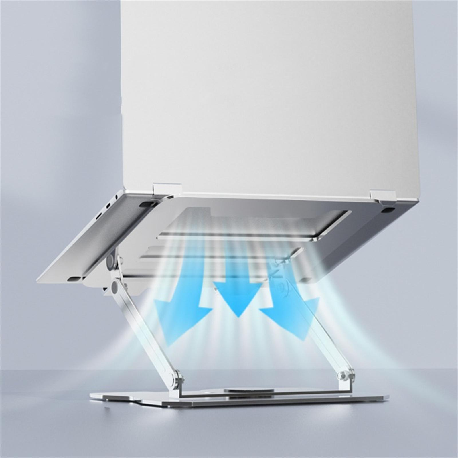 Laptop auf einem silbernen Ständer. Blaue Pfeile zeigen den Luftstrom an. Der Ständer hat ein modernes Design.