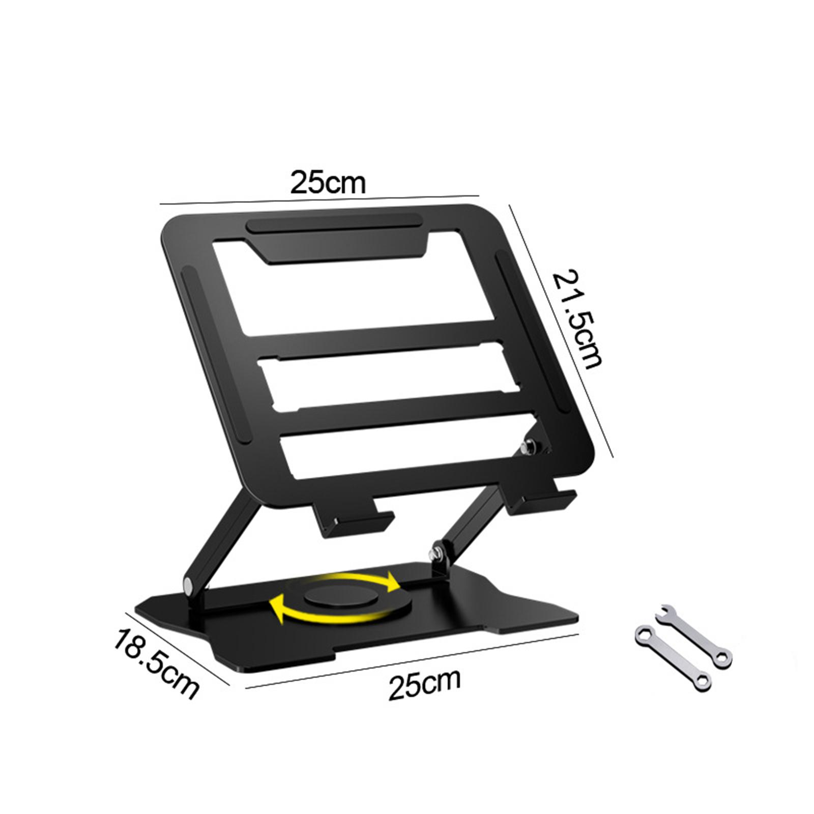 Ein schwarzer Laptop-Ständer mit verstellbaren Beinen und einem drehbaren Sockel. Maße sind in cm angegeben.
