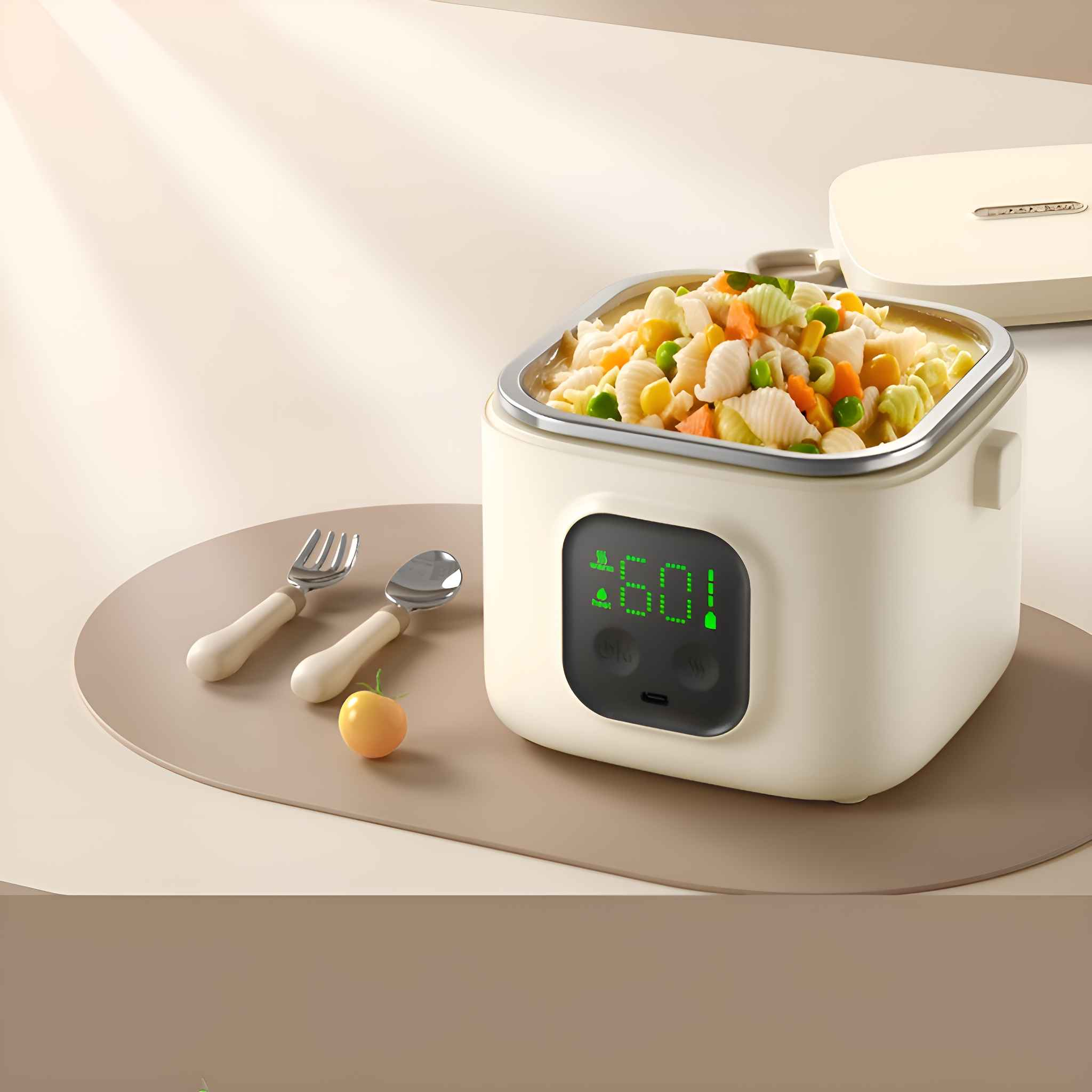 Lunchbox mit Essen, Gabel und Löffel. Die Lunchbox zeigt Timer und Bedienelemente.