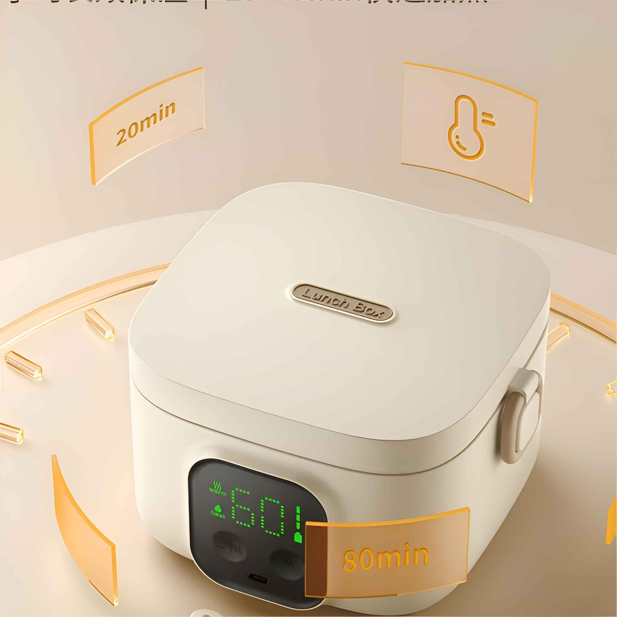 Eine weiße Lunchbox mit digitaler Anzeige, die die Temperatur anzeigt. Text zeigt Aufheizzeiten an.