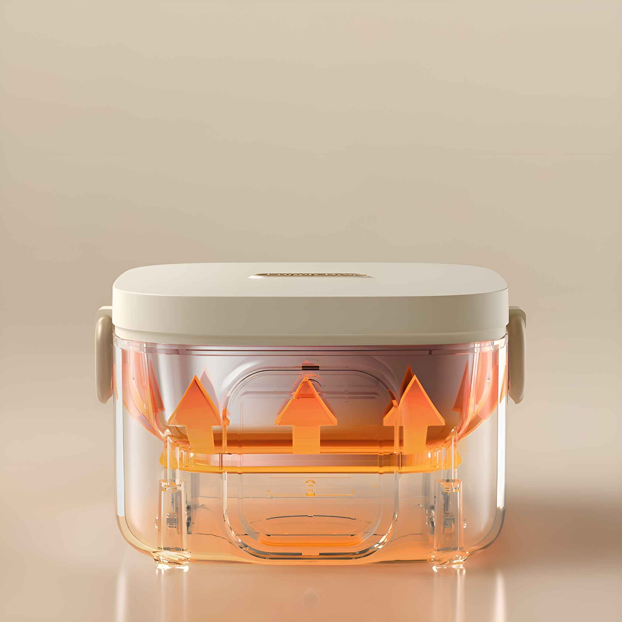 Transparente Lunchbox mit Pfeilen, die den Heizvorgang anzeigen. Der Deckel ist offen.