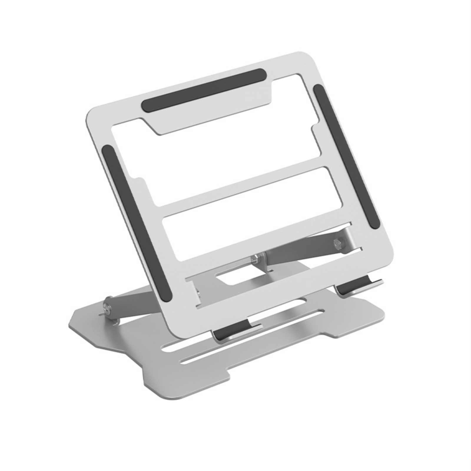 Silberner Laptop-Ständer leicht angewinkelt auf weißem Hintergrund. Das Design ist sichtbar.