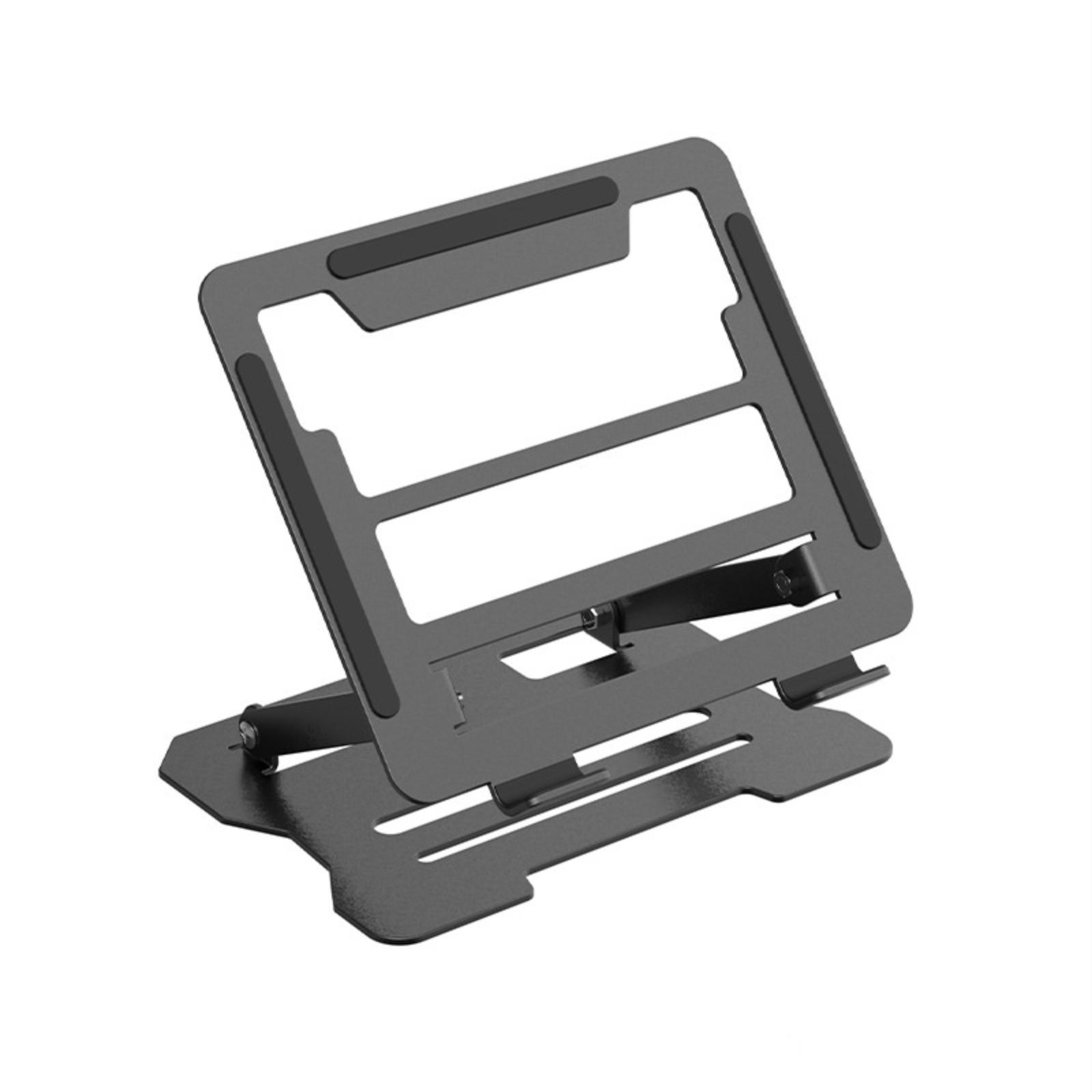 Ein grauer Laptop-Ständer, nach oben abgewinkelt. Er hat zwei Plattformen und eine Scharnierbasis, auf weißem Hintergrund.