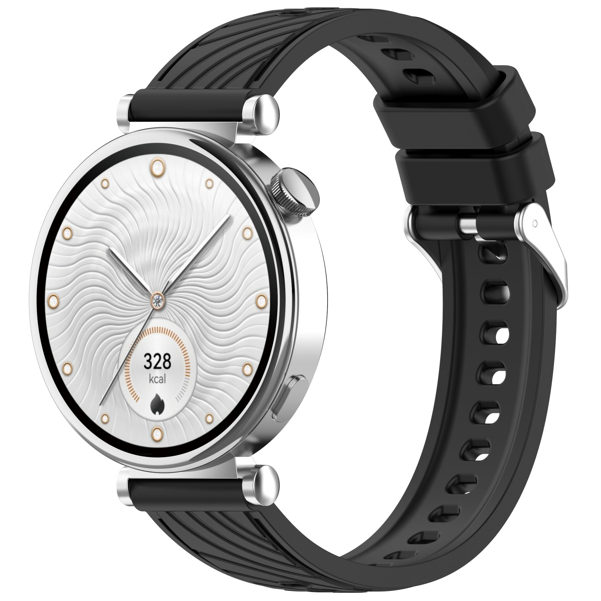 Uno smartwatch con cinturino nero, cassa argentata e schermo che mostra 328 kcal.