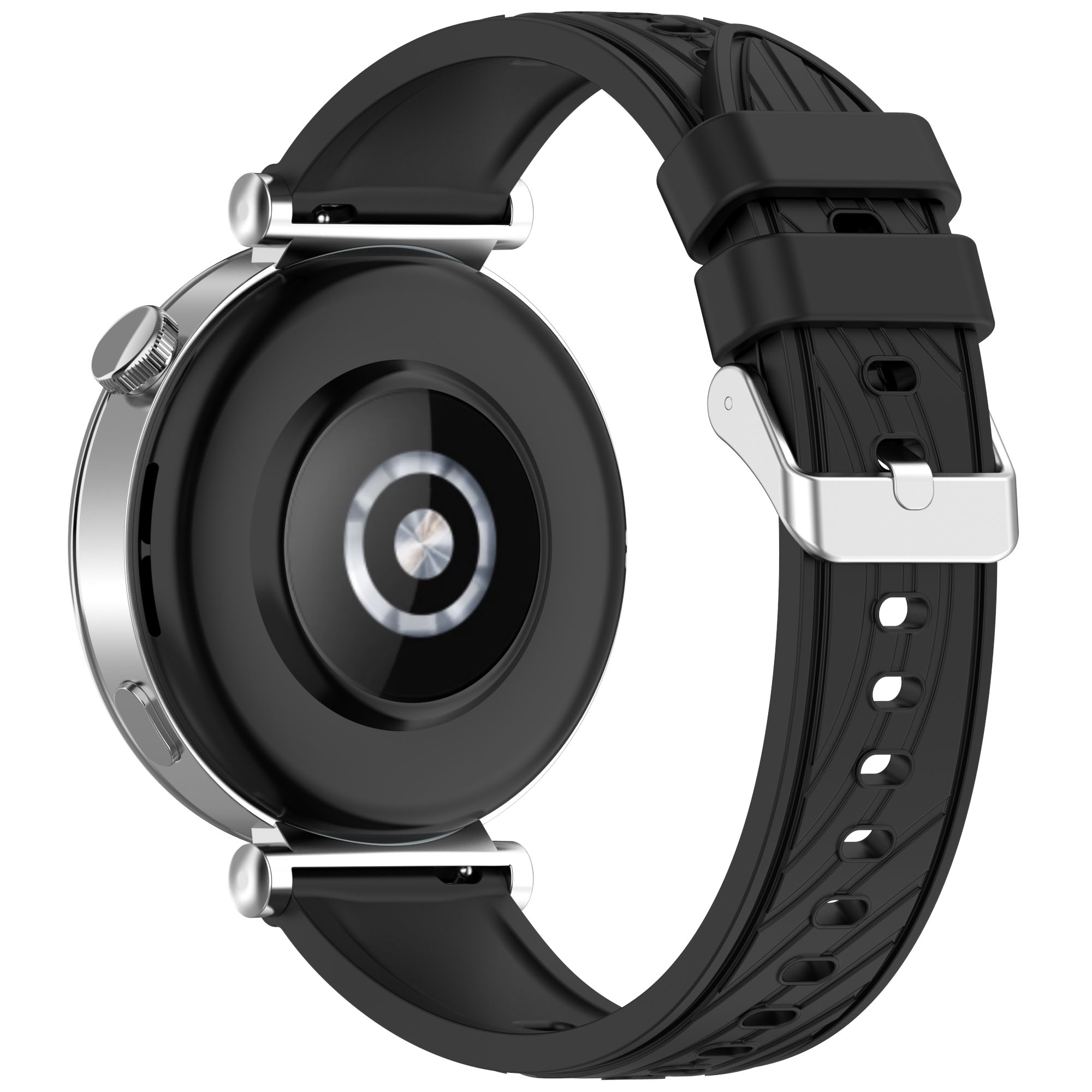 Vista posteriore di uno smartwatch con cinturino nero e cassa nera, che mostra il sensore di carica.