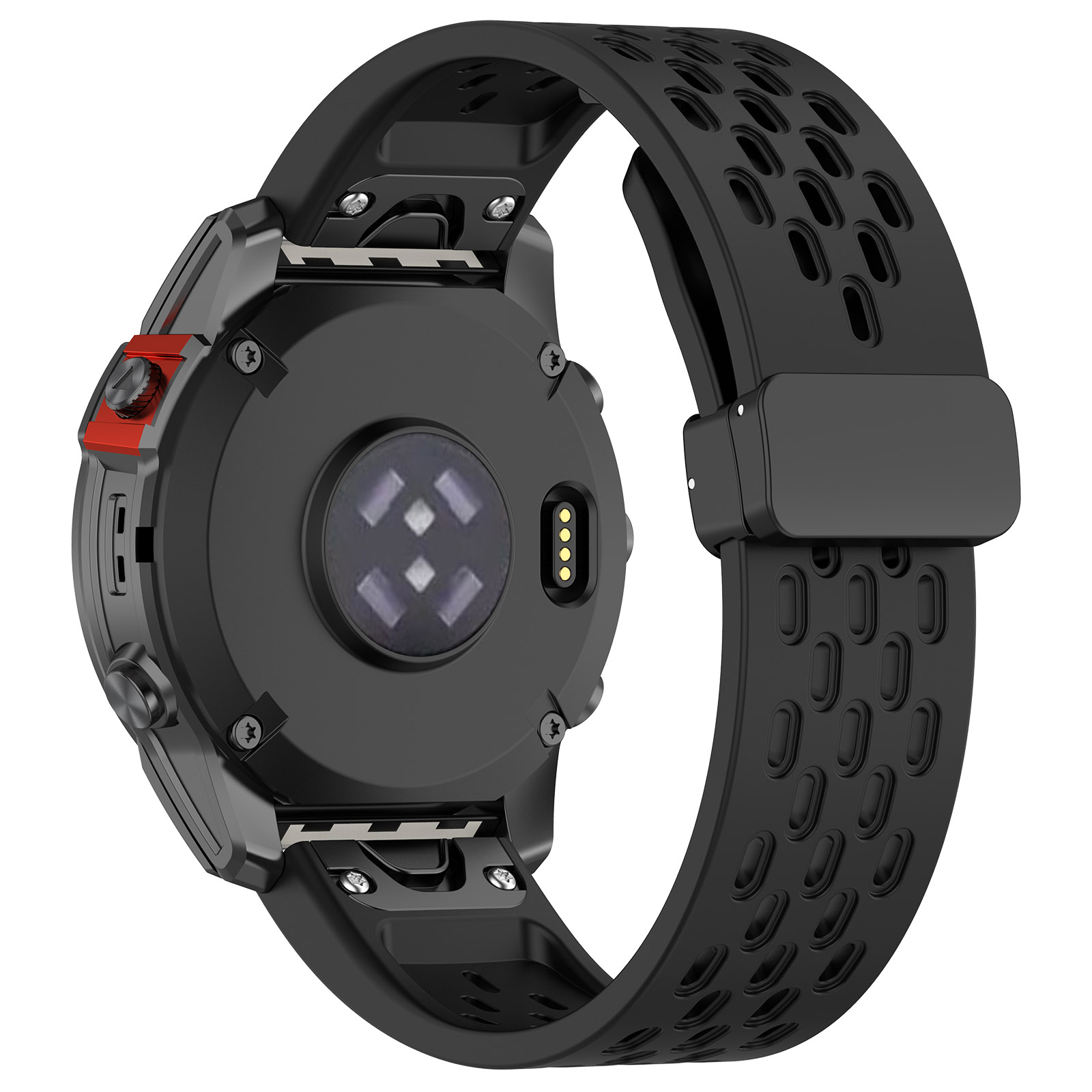 Rückansicht einer schwarzen Smartwatch mit schwarzem Armband, Sensoren und Lochmuster.