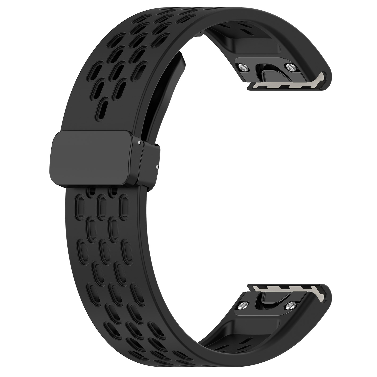 Ein schwarzes Silikon-Uhrenarmband mit perforiertem Design und Metallverschluss. Das Armband ist gebogen und hat zwei Befestigungspunkte.